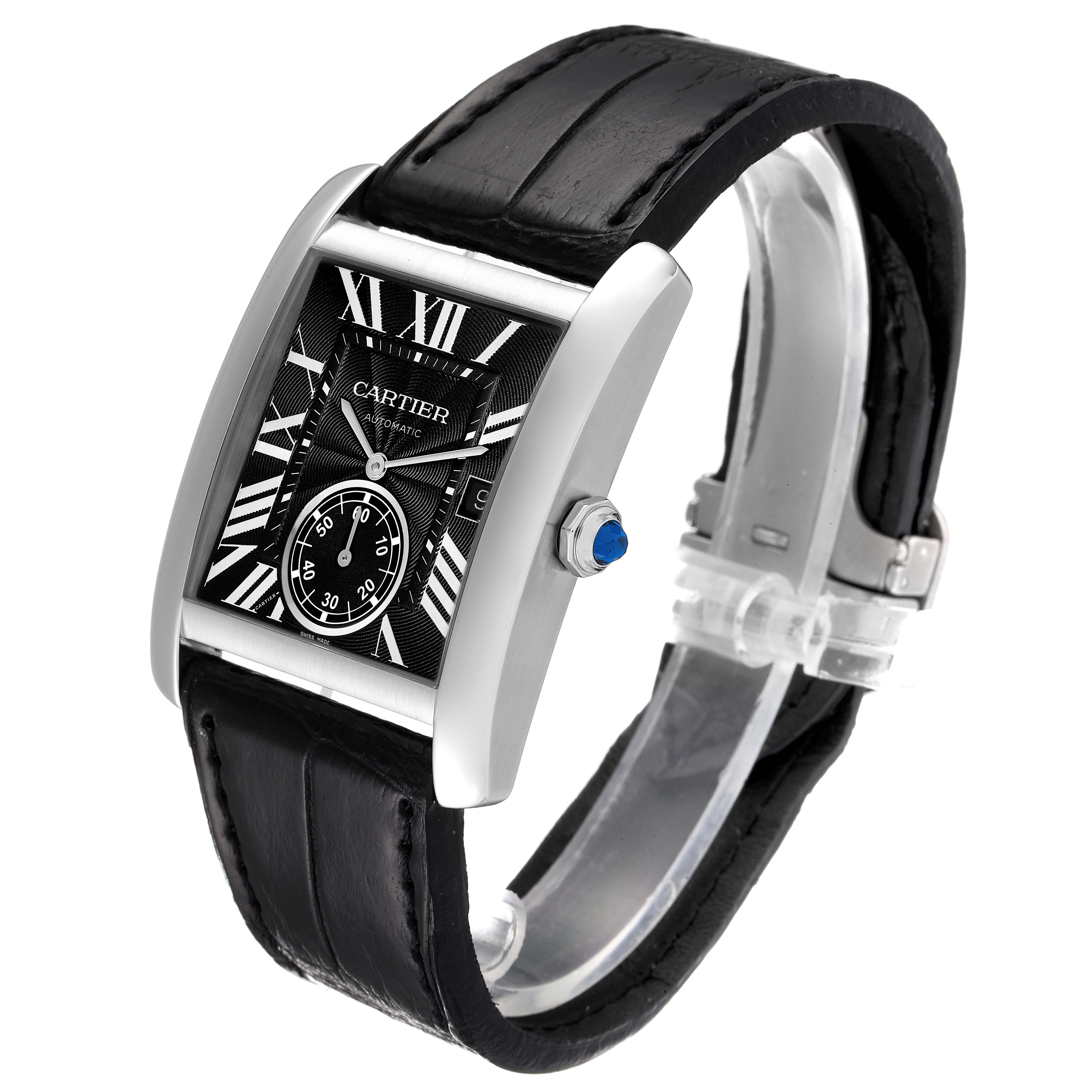 This image showcases a Cartier Tank MC W5330004 Men's Stainless Steel Black Dial W5330004 Men's Stainless Steel Black Dial watch from a three-quarter angle, displaying its face, strap, and side crown.