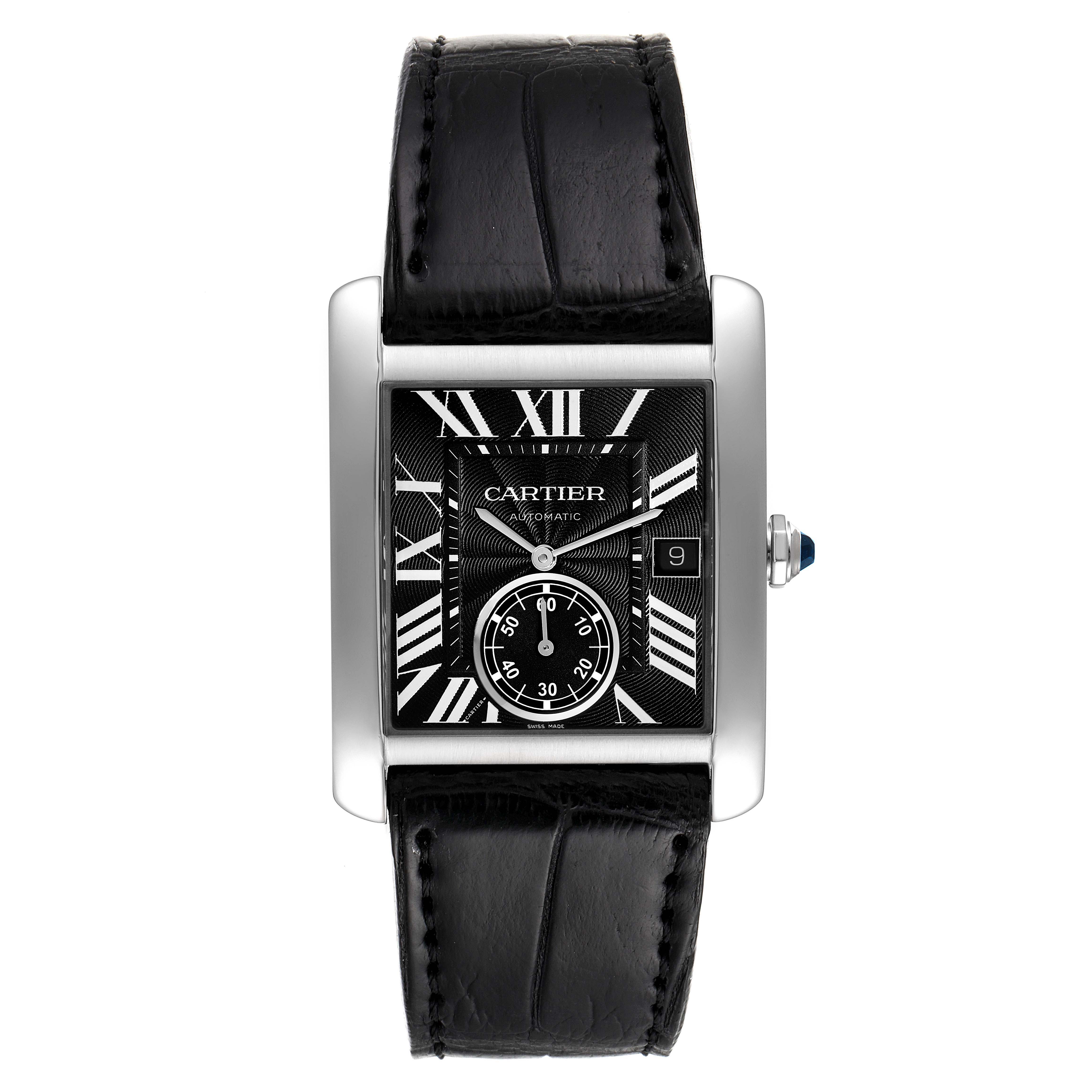 The Cartier Tank MC W5330004 Men's Stainless Steel Black Dial W5330004 Men's Stainless Steel Black Dial watch is shown from the front, displaying its black dial, Roman numerals, date window, and leather strap.