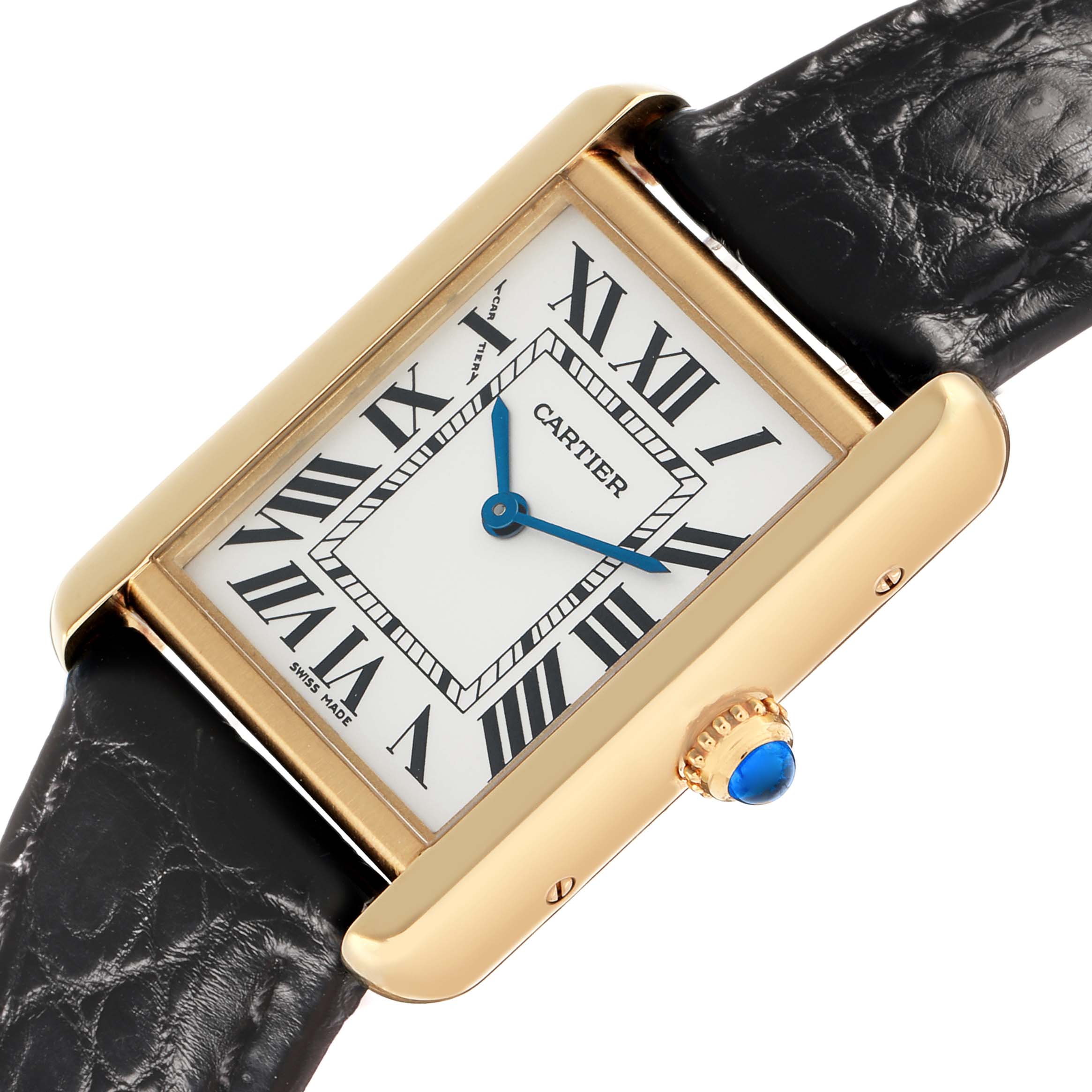 The image shows a Cartier Tank Solo W1018755 Women's Steel and Gold (two tone) Silver Dial watch at a slight angle, displaying its rectangular face, Roman numerals, and crown with a blue gem.