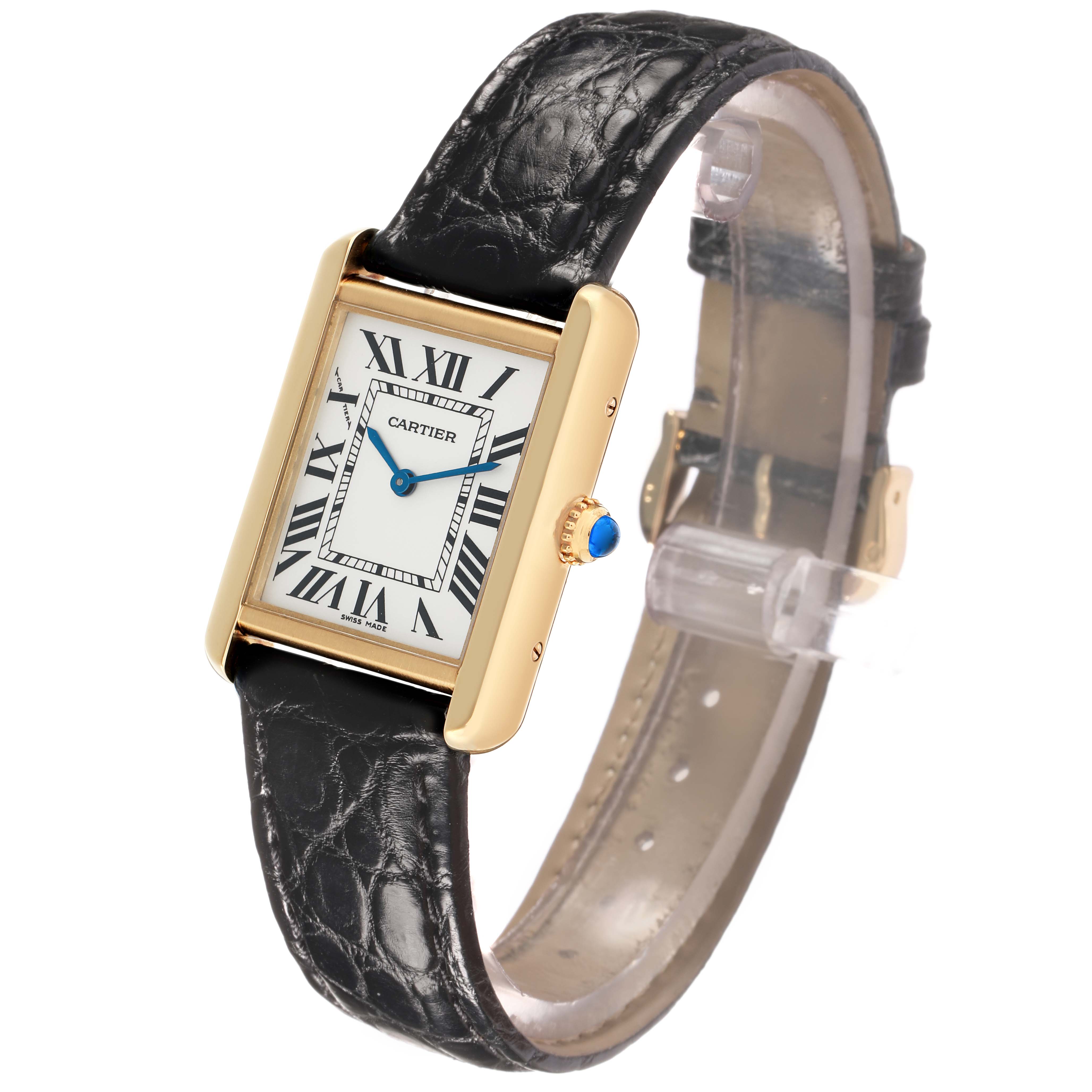 The Cartier Tank Solo W1018755 Women's Steel and Gold (two tone) Silver Dial watch is shown at a three-quarter angle, highlighting its face, crown, and black leather strap.