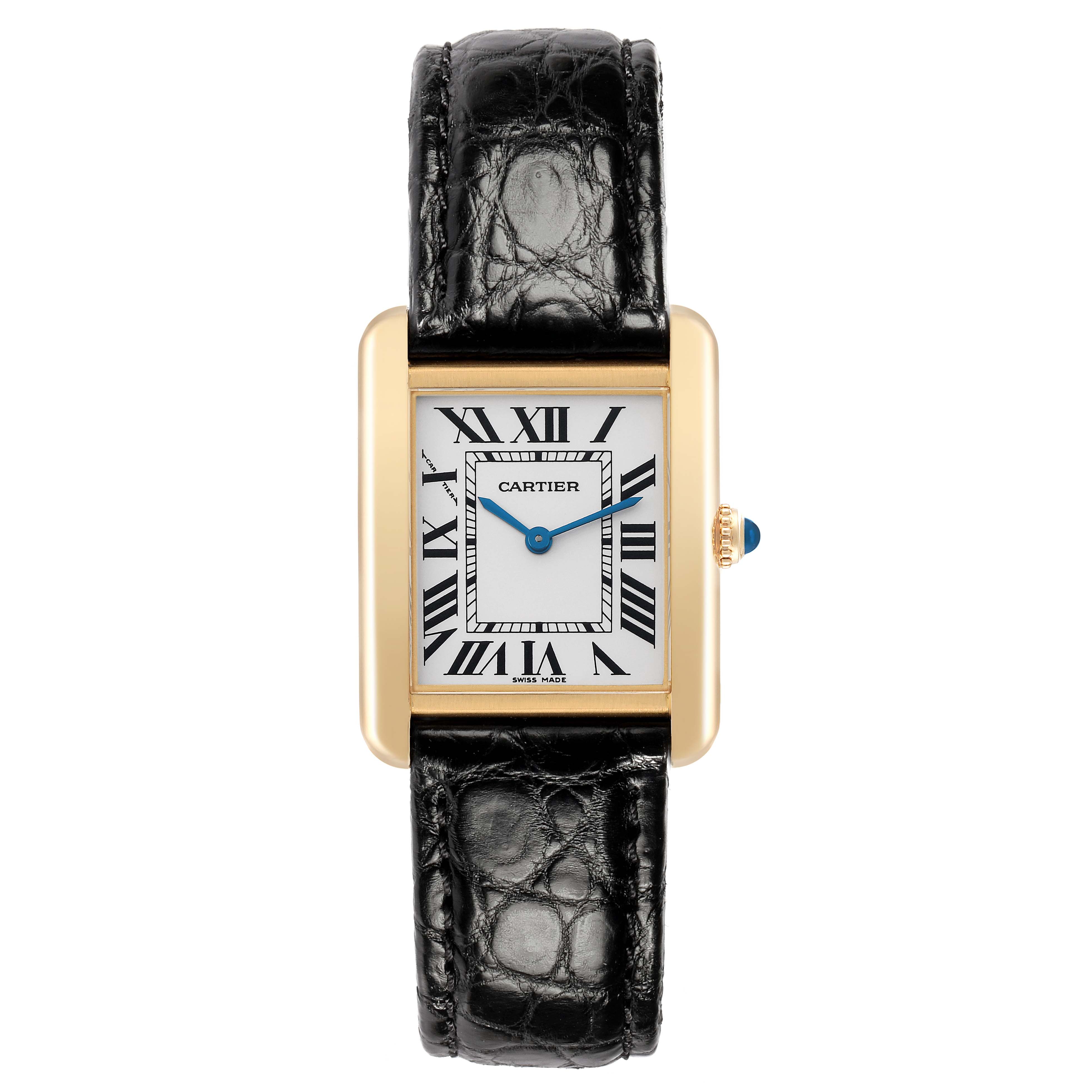 The Cartier Tank Solo W1018755 Women's Steel and Gold (two tone) Silver Dial watch is shown head-on, featuring a gold case, white dial with Roman numerals, and black leather strap.