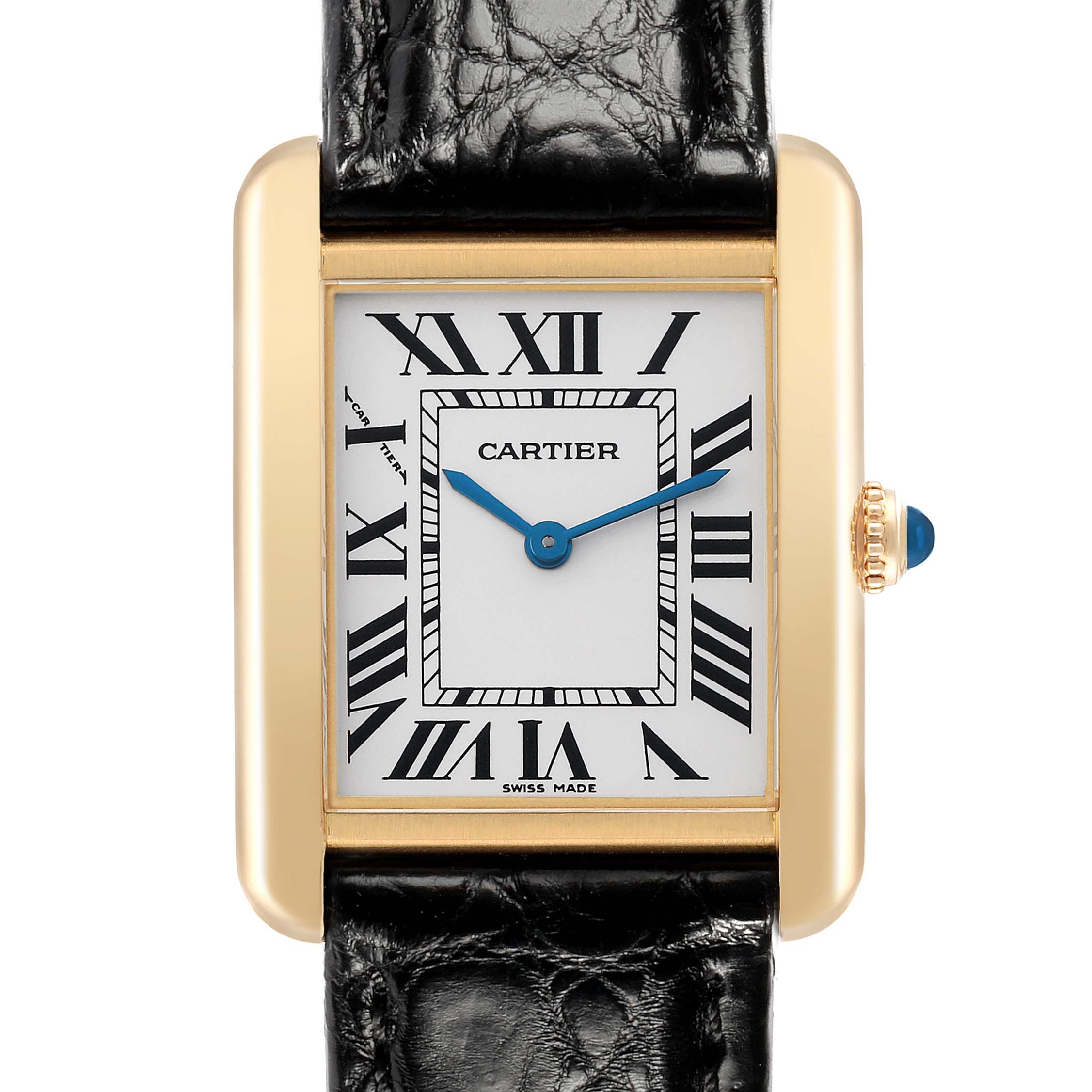 The image shows a close-up view of the Cartier Tank Solo W1018755 Women's Steel and Gold (two tone) Silver Dial watch, highlighting the gold case, Roman numeral dial, and black leather strap.