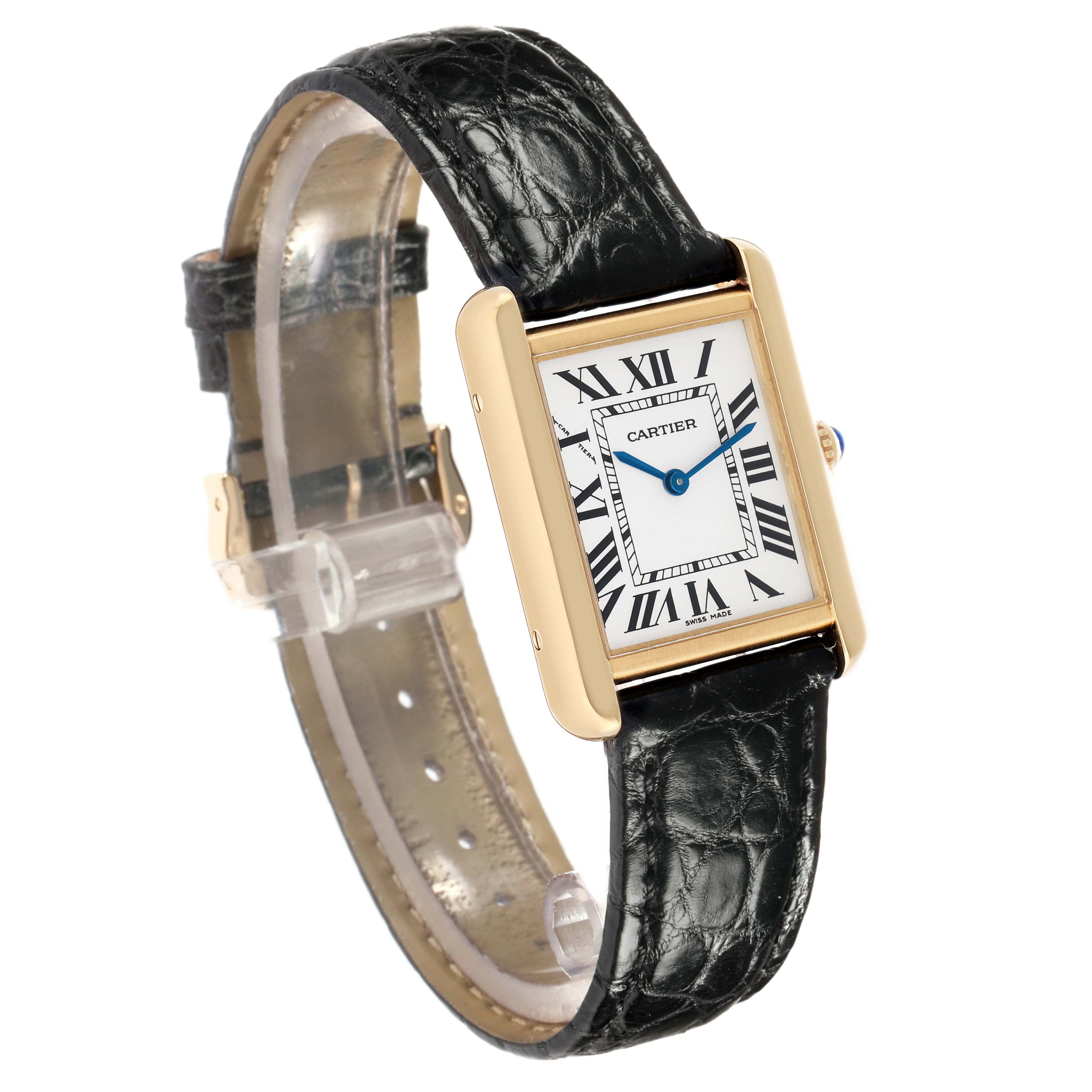 The Cartier Tank Solo W1018755 Women's Steel and Gold (two tone) Silver Dial watch is shown at a slight angle, highlighting its face, gold case, and black leather strap.