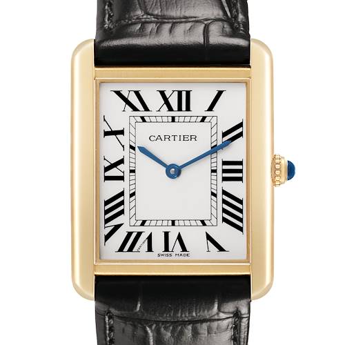 The Cartier Tank Solo W1018855 Men's Yellow Gold Silver Dial watch is shown from the front, highlighting its rectangular face, Roman numerals, and black leather strap.
