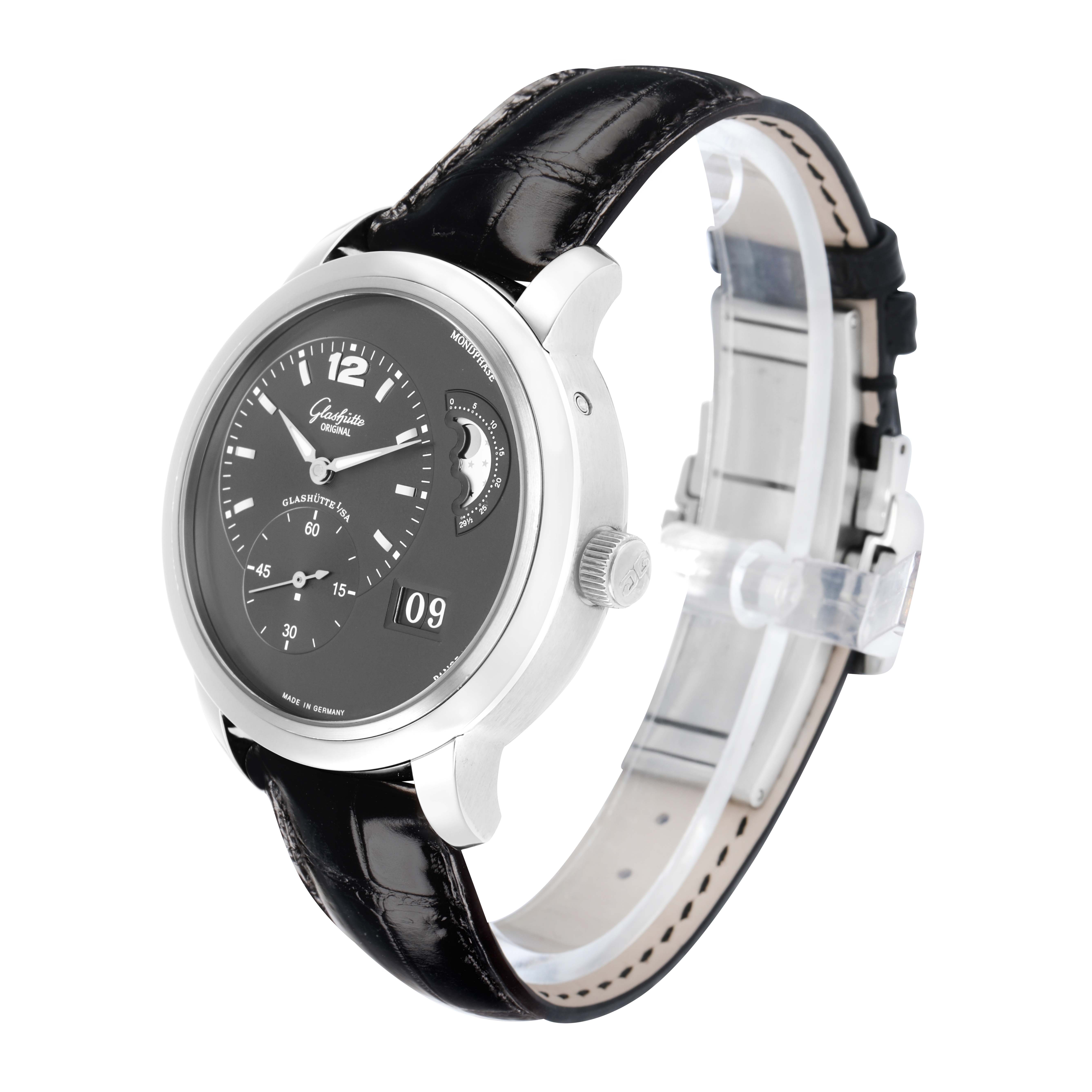 The Glashütte Pano model is shown at a three-quarter front angle, highlighting the dial, case, crown, and leather strap.