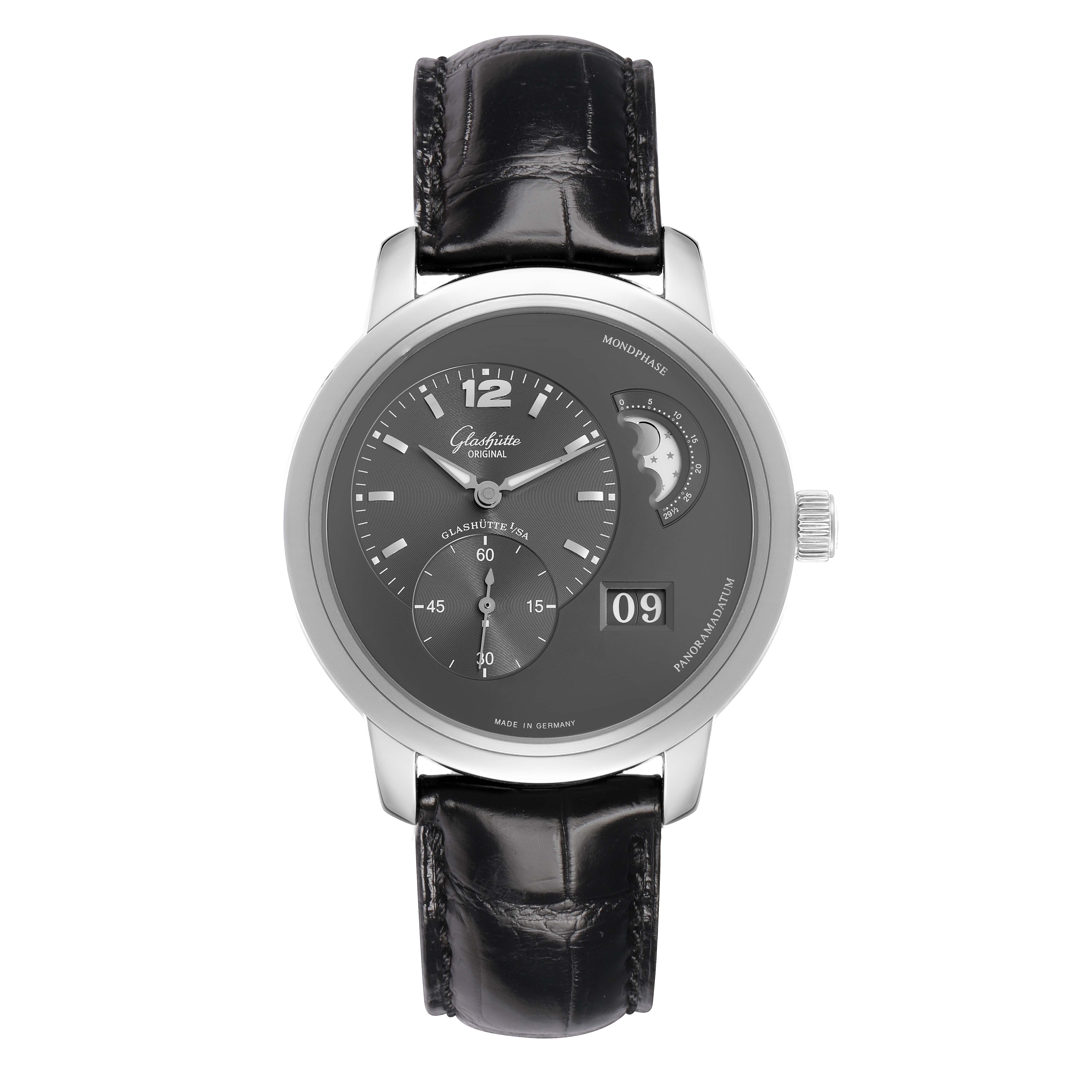 The Glashütte Pano model watch is shown from a front view, highlighting its dial, moon phase, and date features.