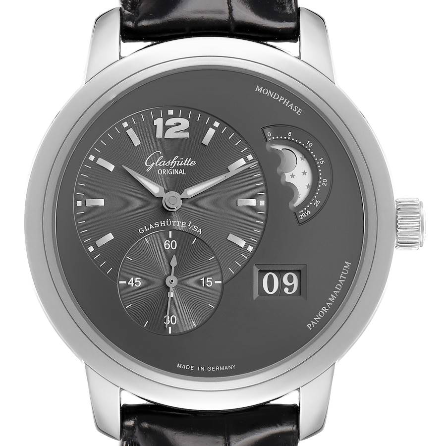 This Glashütte Pano watch is shown from the front, highlighting its moon phase, subdial, and date display.