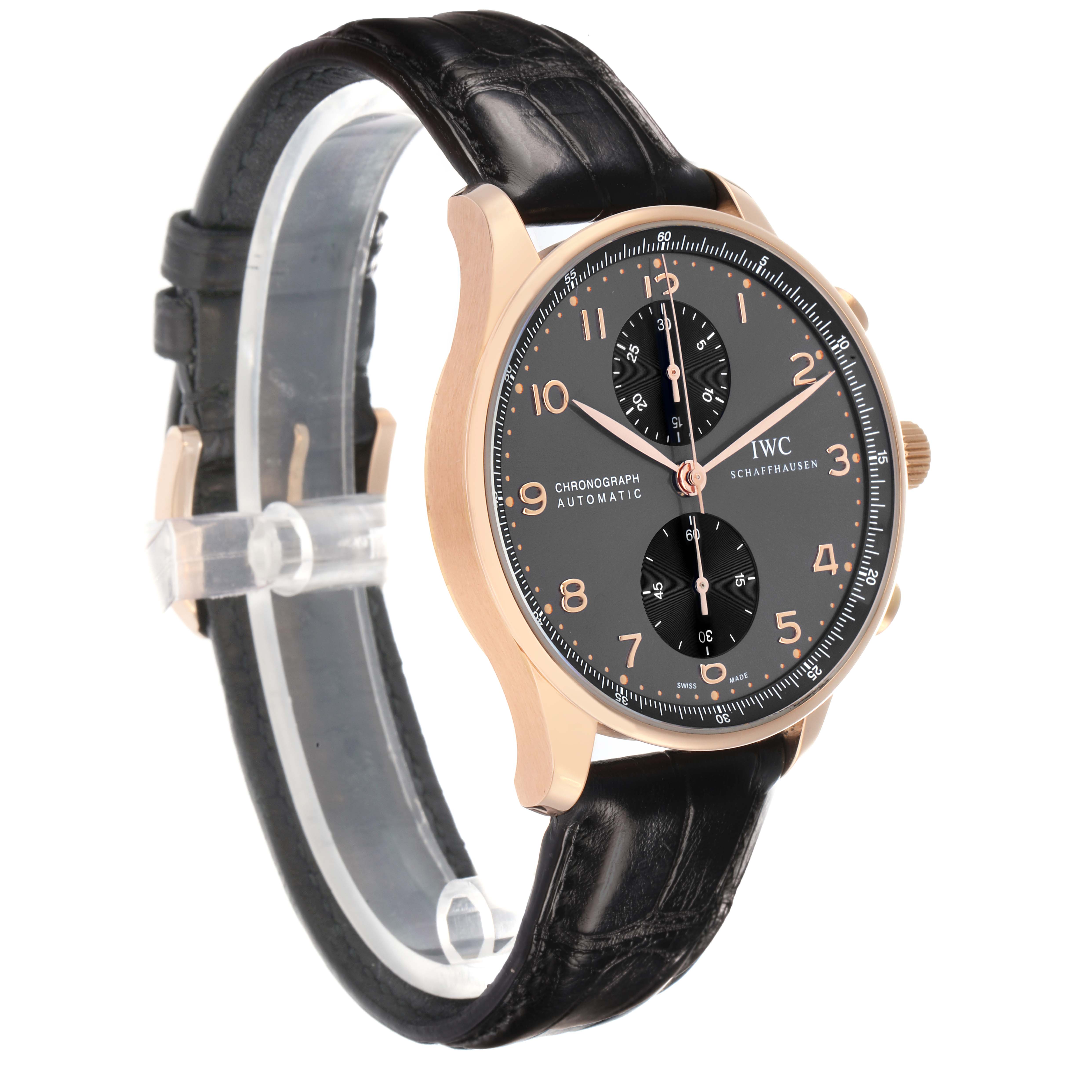 The IWC Portuguese IW371482 Men
s Rose Gold Grey Dial watch is shown at a slight angle, highlighting the face, black leather strap, and side view of the case.