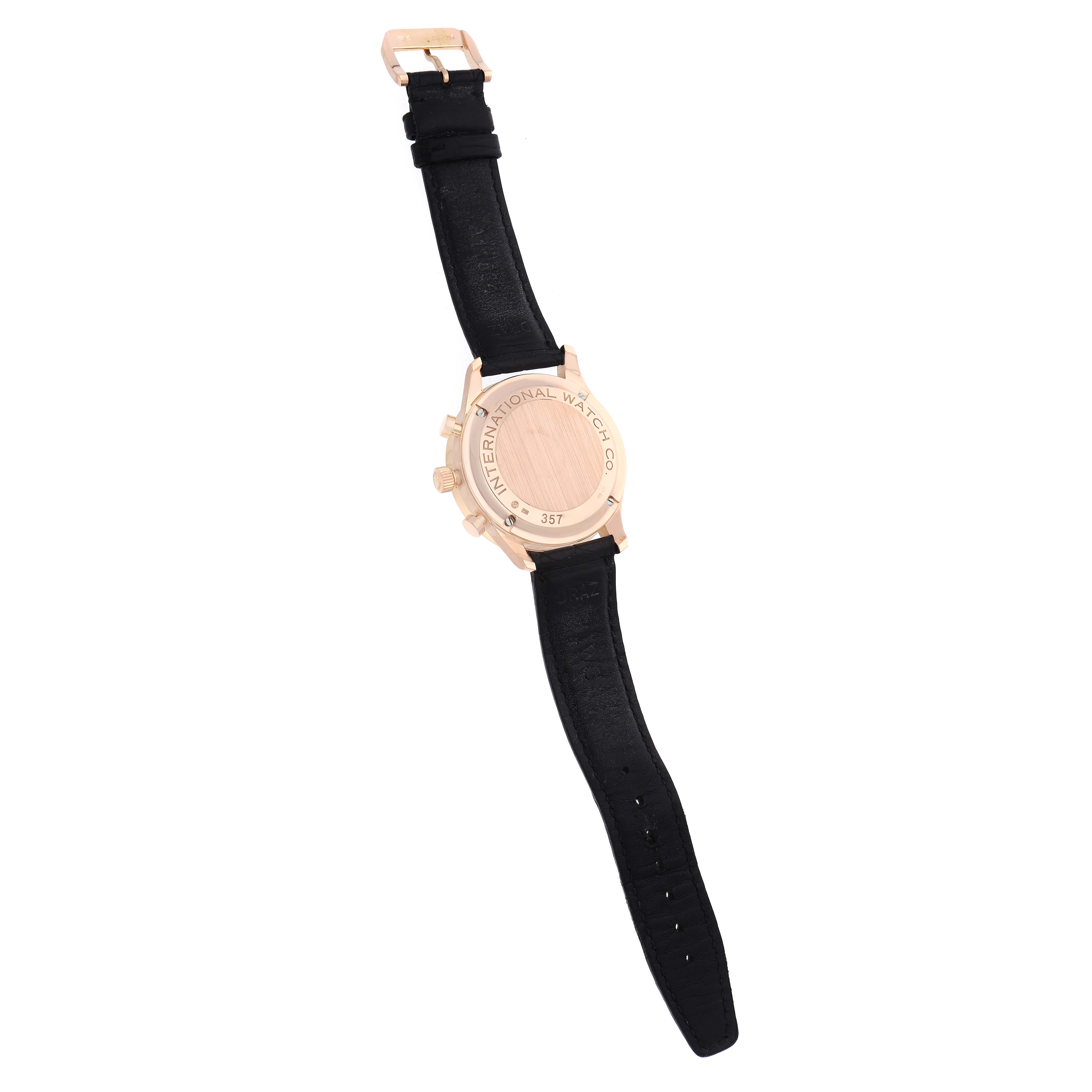 The image shows the back view of the IWC Portuguese IW371482 Men
s Rose Gold Grey Dial watch, highlighting the case and black leather strap.