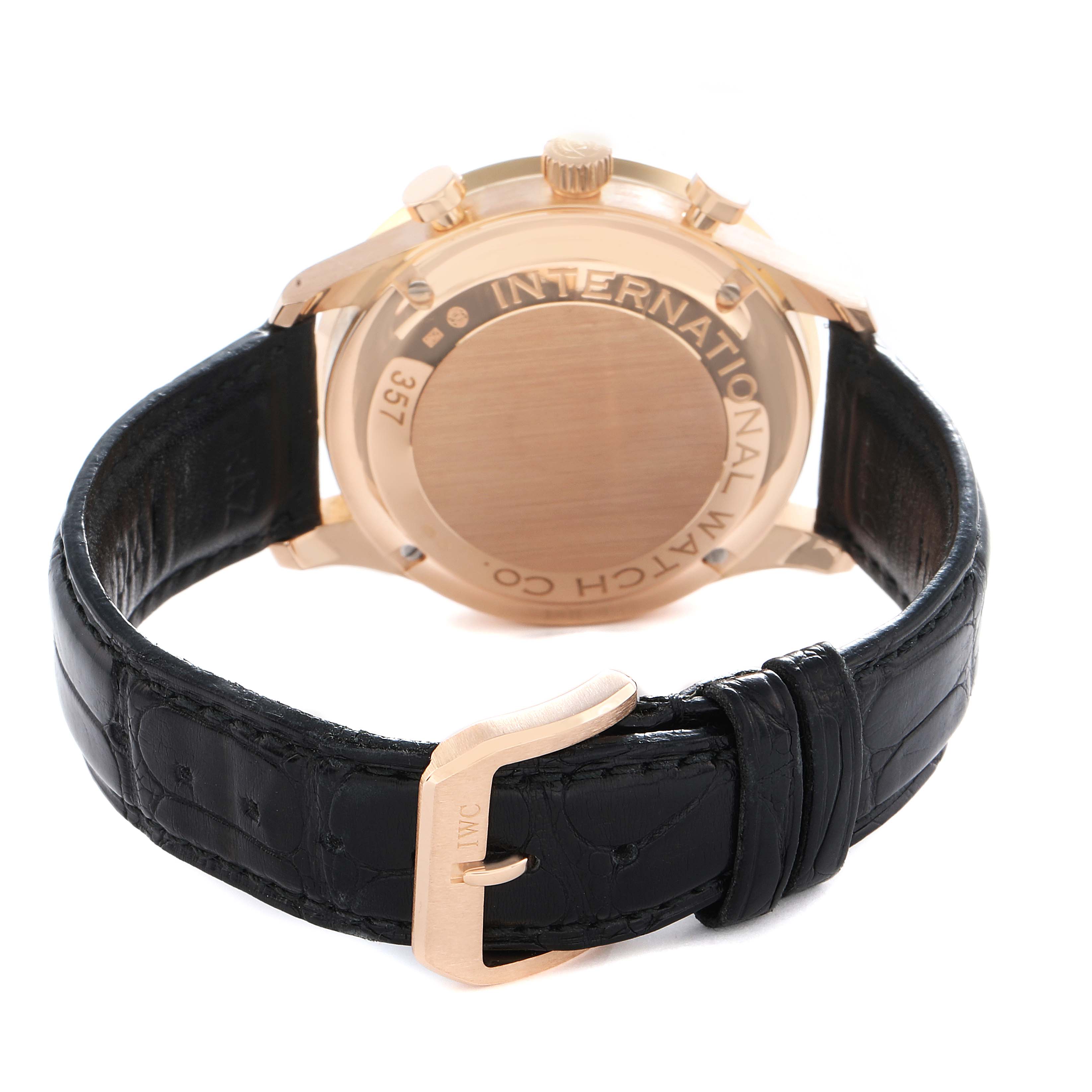 The image shows the back and strap of an IWC Portuguese IW371482 Men
s Rose Gold Grey Dial watch, highlighting the case back and leather strap with a gold buckle.