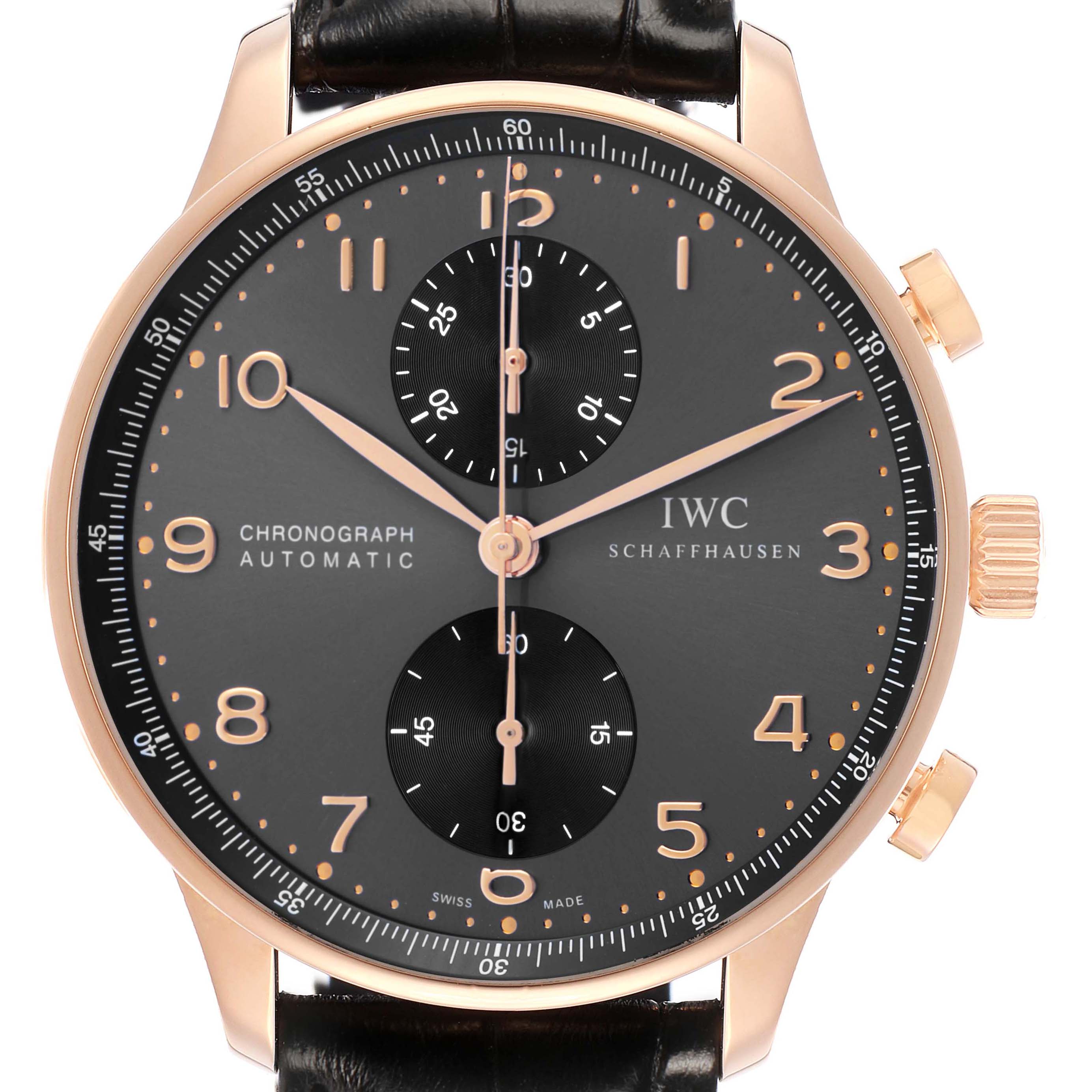 The IWC Portuguese IW371482 Men
s Rose Gold Grey Dial model watch is shown from the front, displaying the dial, hands, subdials, crown, and pushers.