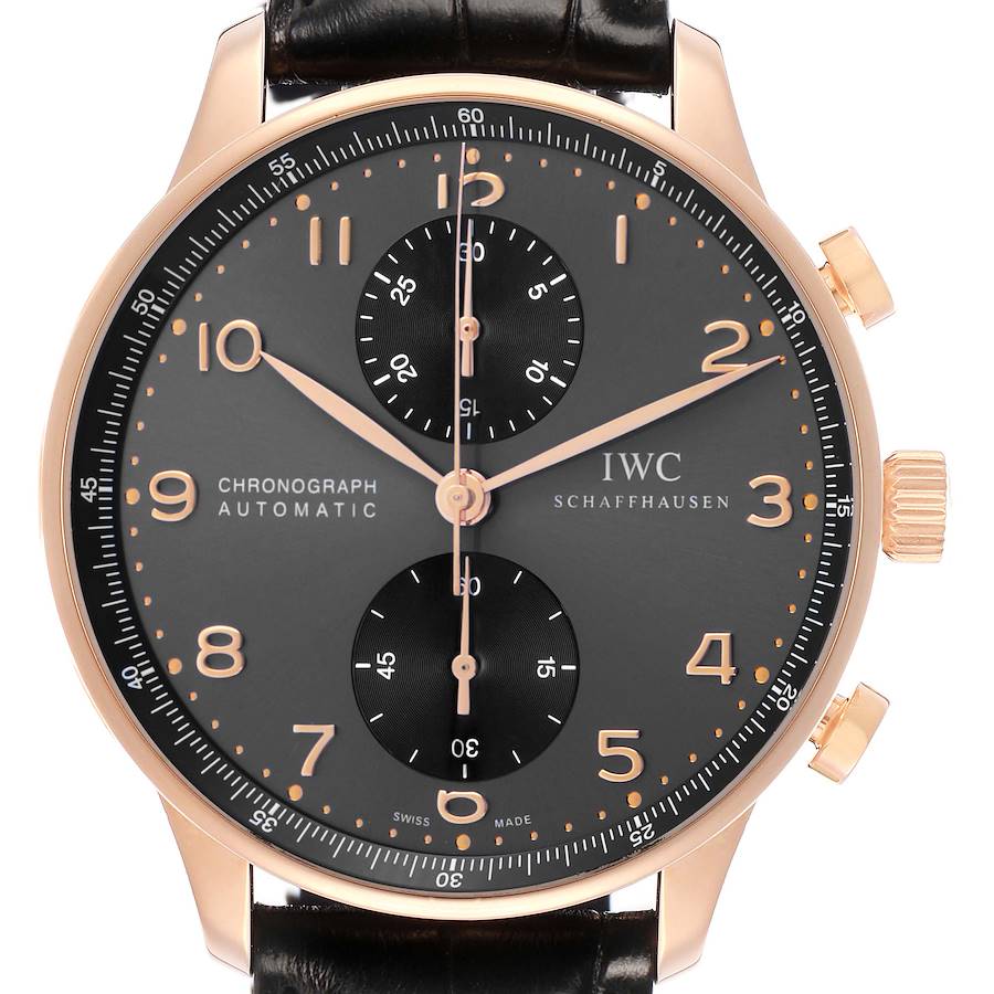 The IWC Portuguese IW371482 Men
s Rose Gold Grey Dial model watch is shown from the front, displaying the dial, hands, subdials, crown, and pushers.