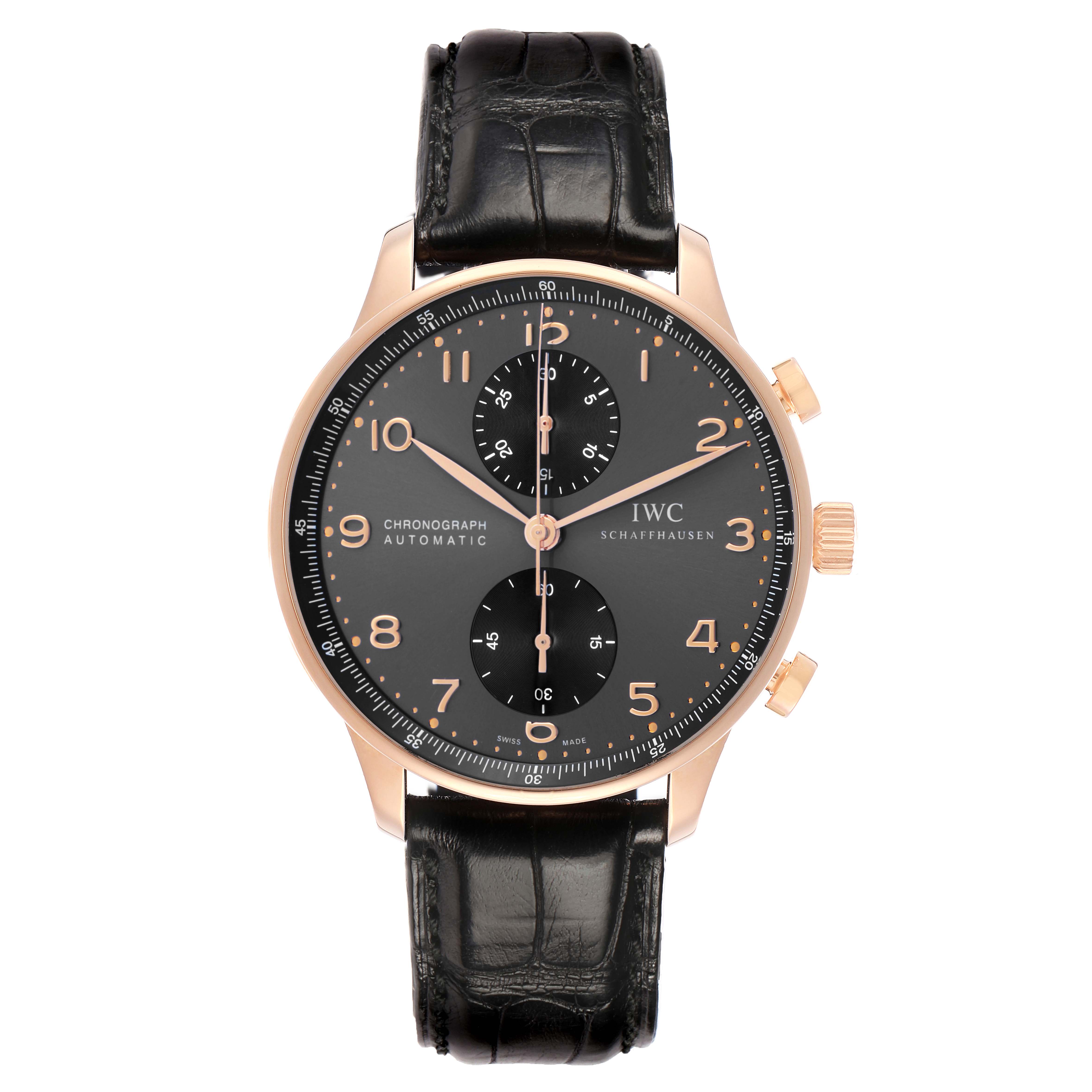 The IWC Portuguese IW371482 Men
s Rose Gold Grey Dial model watch is shown from the front, highlighting the dial, hands, subdials, and leather strap.