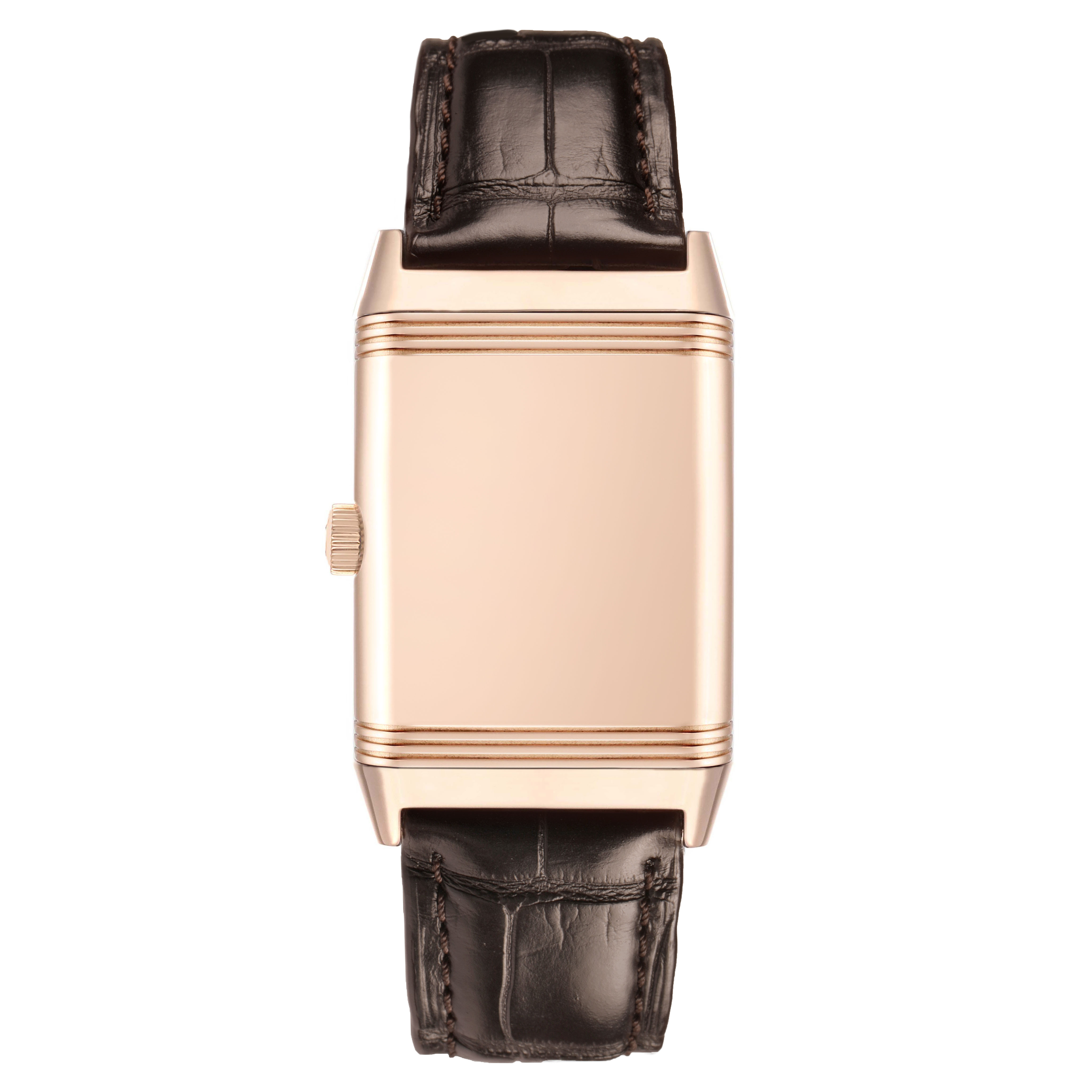 The Jaeger-LeCoultre Reverso watch is shown from the front, displaying the case back and leather strap.