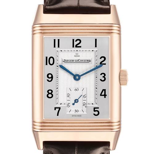 The image shows a front view of the Jaeger LeCoultre Reverso 270.2.62 / Q2702421 Men's Rose Gold Silver Dial watch, highlighting its dial and brown leather strap.