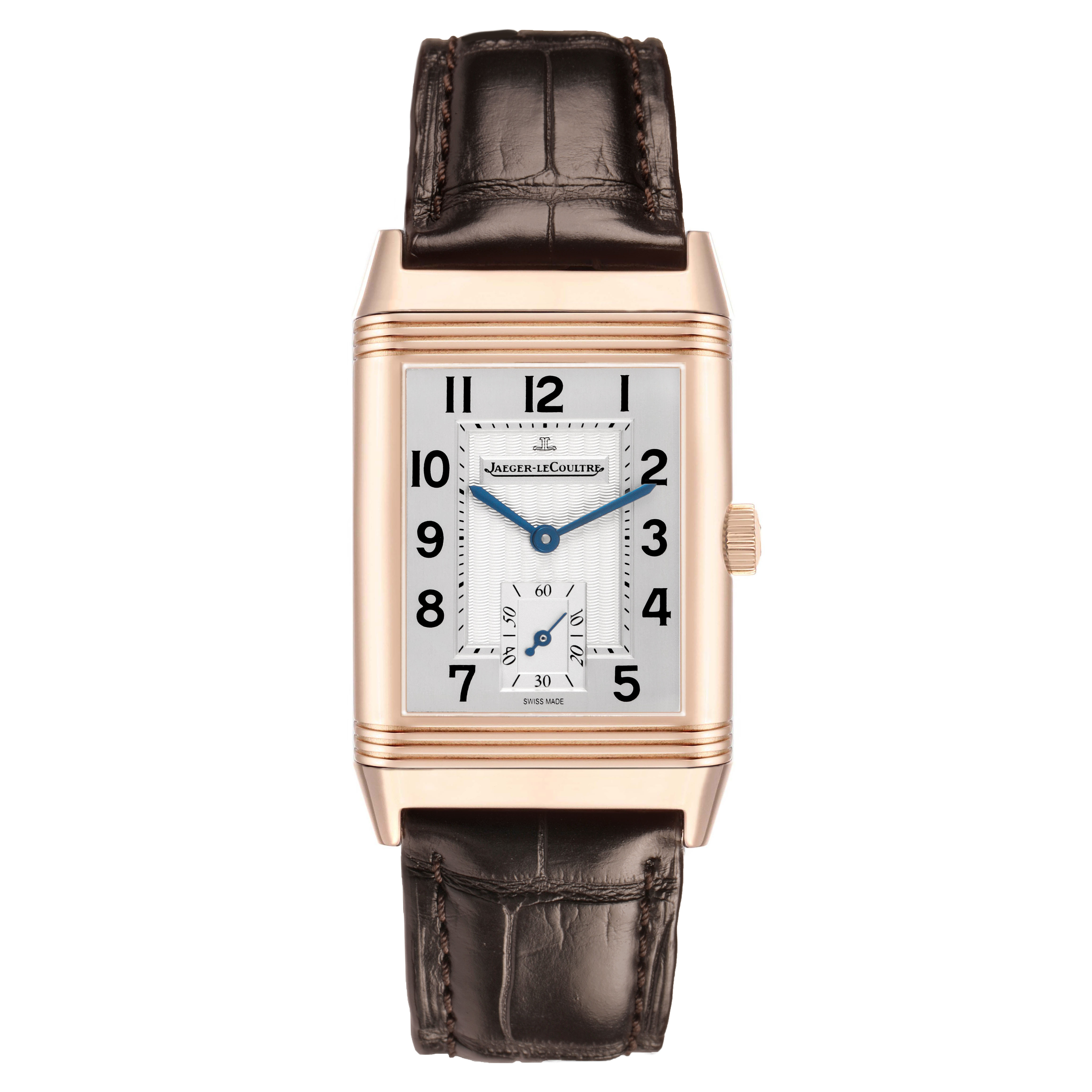 The Jaeger LeCoultre Reverso 270.2.62 / Q2702421 Men's Rose Gold Silver Dial model is shown from the front, displaying the dial, case, crown, and leather strap.