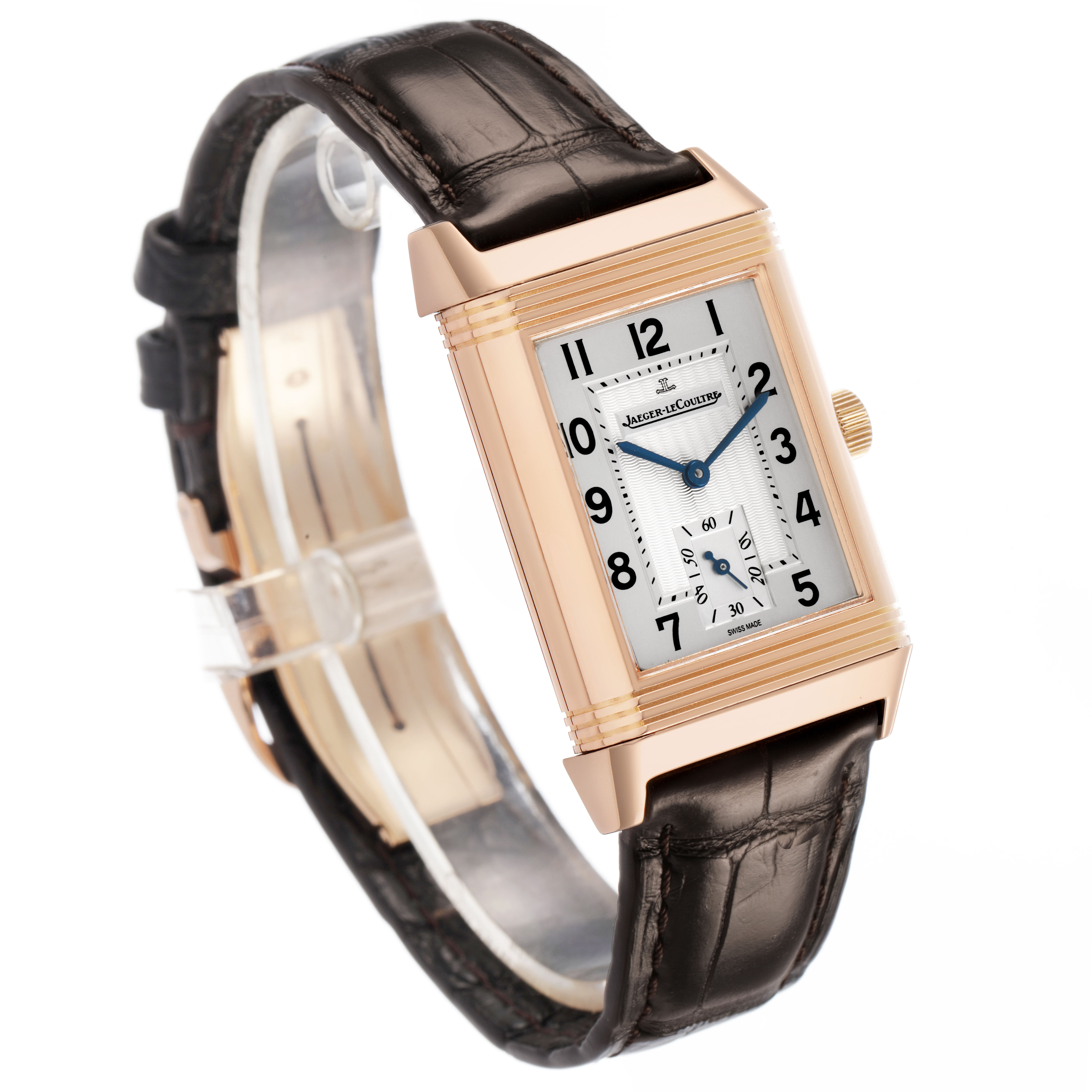 The Jaeger LeCoultre Reverso 270.2.62 / Q2702421 Men's Rose Gold Silver Dial watch is shown at an angled side view, highlighting the face, case, and leather strap.
