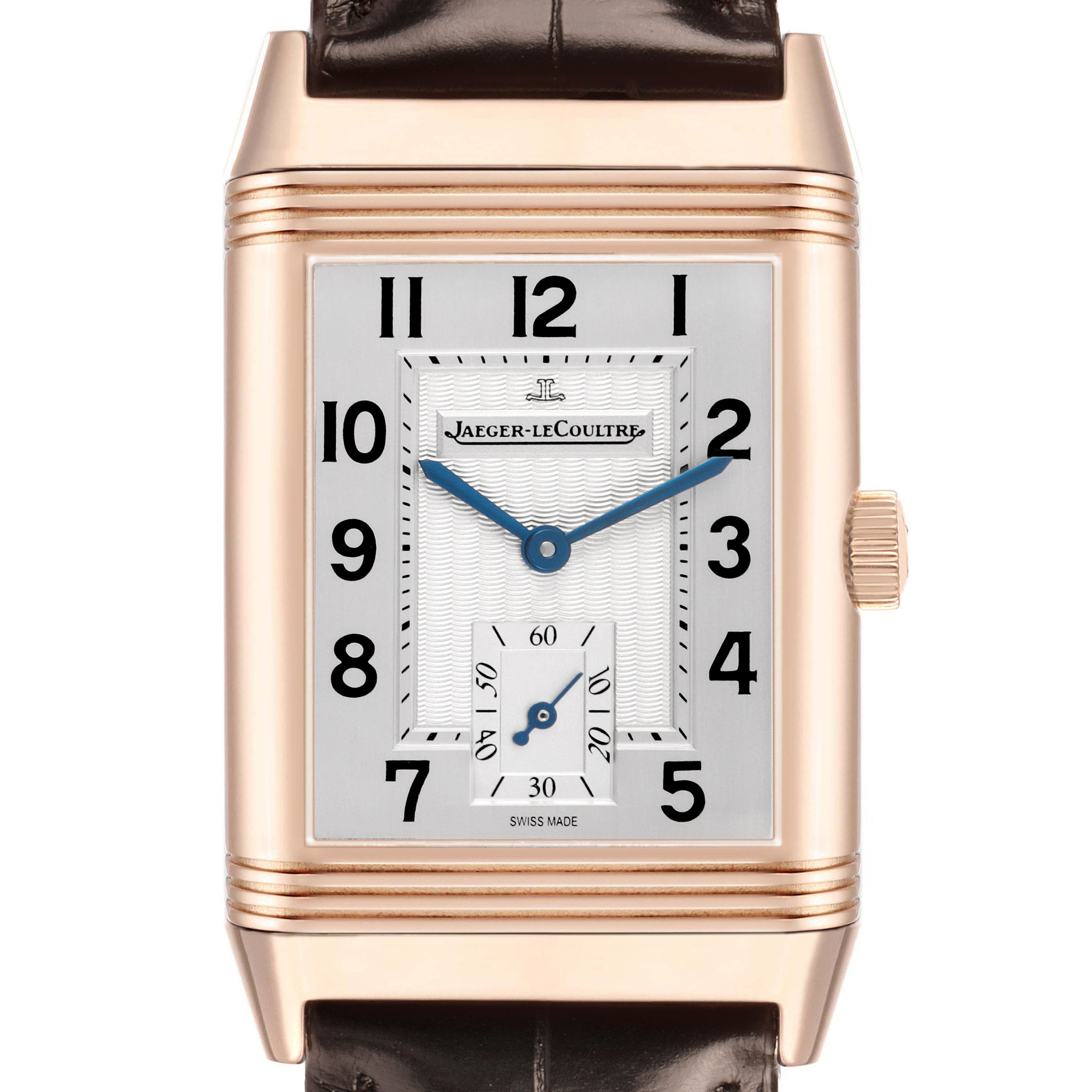 The Jaeger-LeCoultre Reverso watch is shown from the front, highlighting the dial, case, and crown.