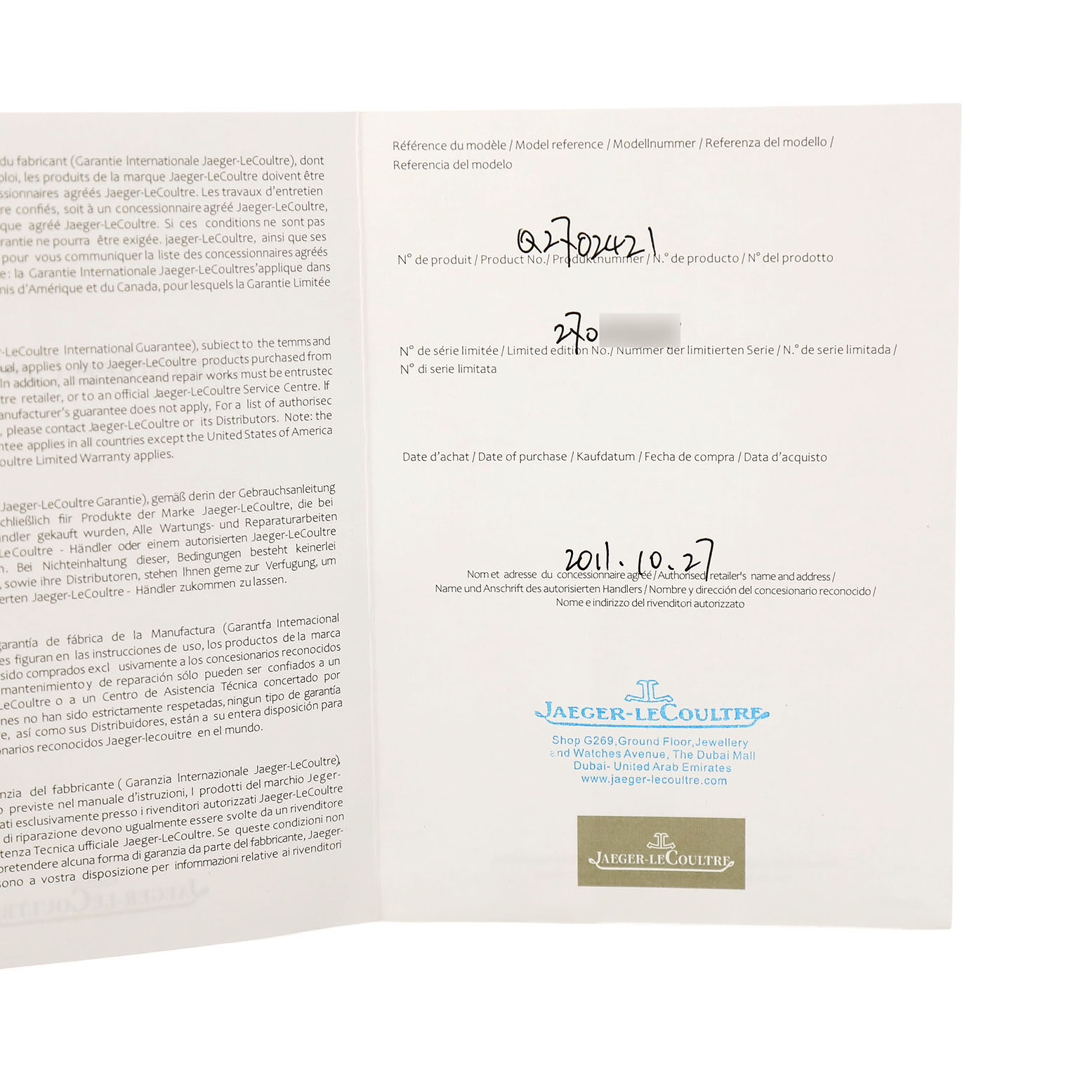 The image shows the warranty card of a Jaeger LeCoultre Reverso 270.2.62 / Q2702421 Men's Rose Gold Silver Dial watch, featuring handwritten details and brand logos.
