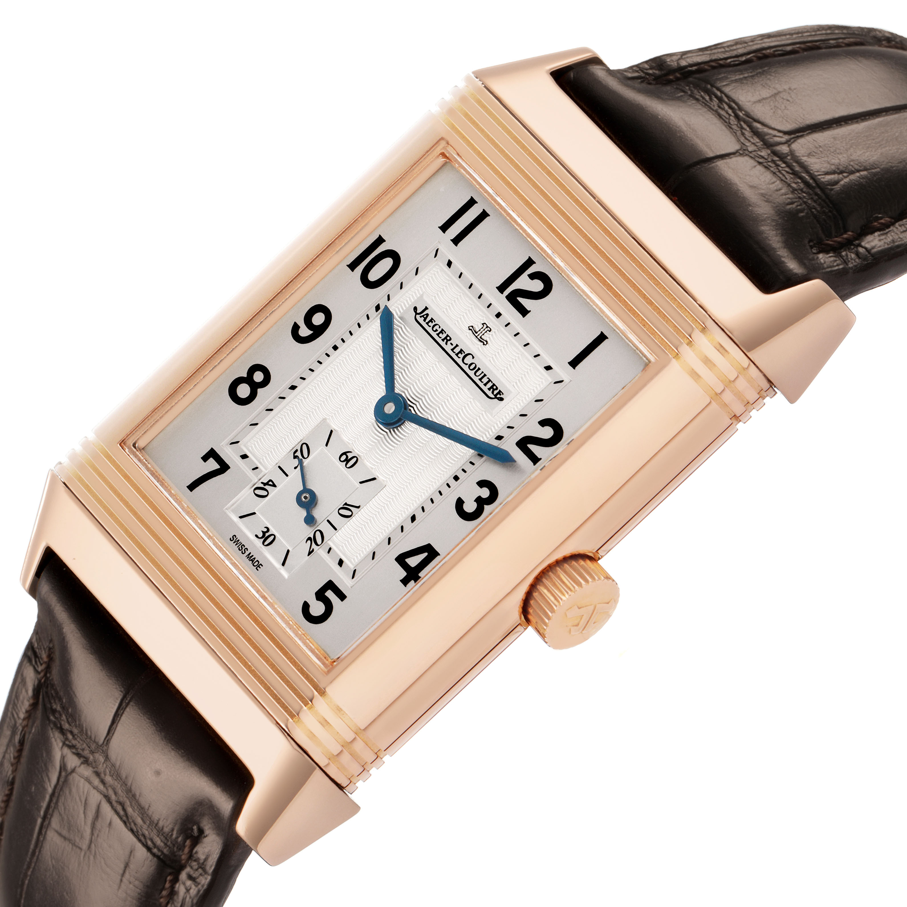 The Jaeger LeCoultre Reverso 270.2.62 / Q2702421 Men's Rose Gold Silver Dial watch is shown at a tilted angle displaying the face, crown, and partial leather strap.