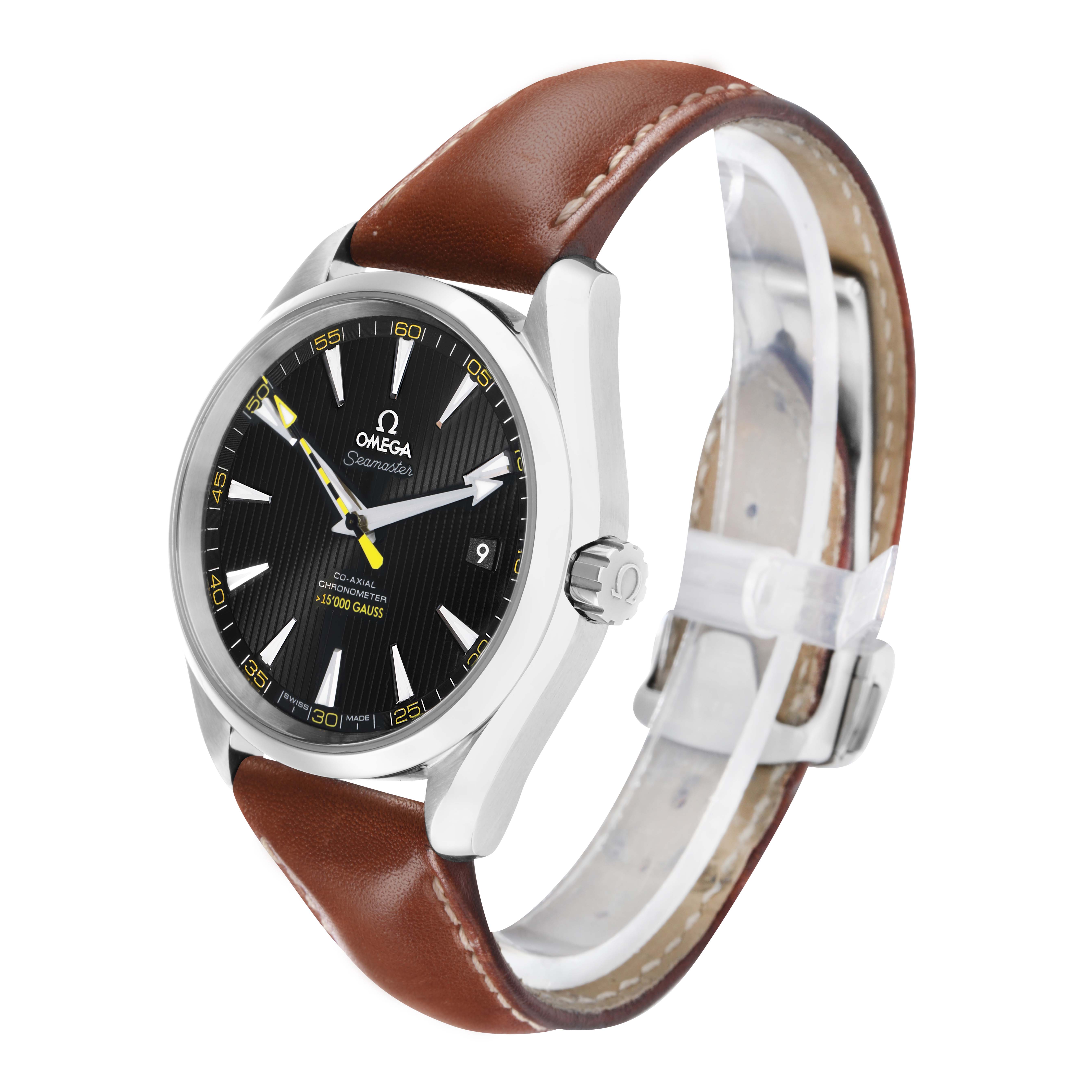 The Omega Aqua Terra 231.12.42.21.01.001 Men
s Stainless Steel Black Dial watch is shown at an angled view, highlighting the dial, crown, and brown leather strap.
