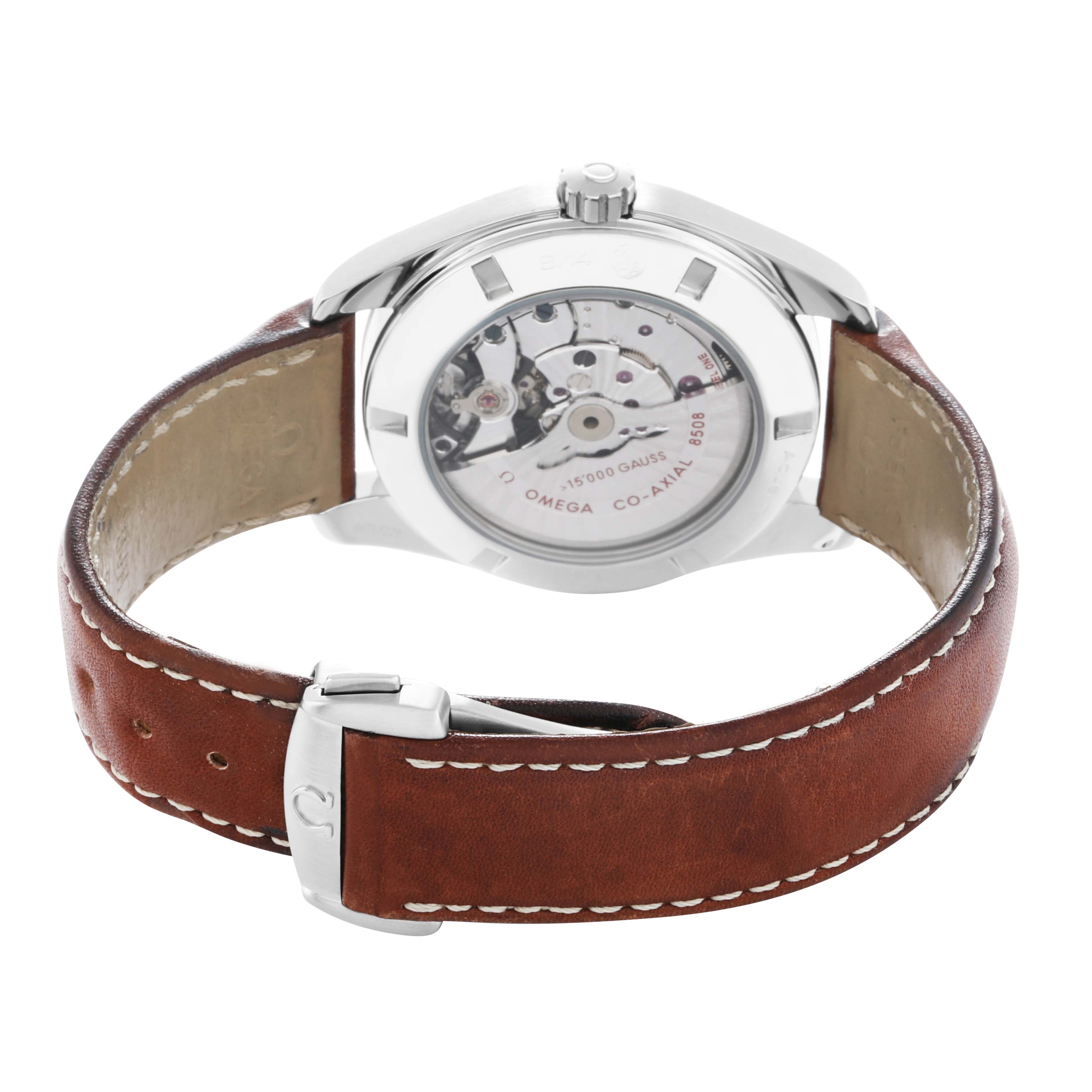 The Omega Aqua Terra 231.12.42.21.01.001 Men
s Stainless Steel Black Dial watch is shown from the back, displaying its movement and brown leather strap.