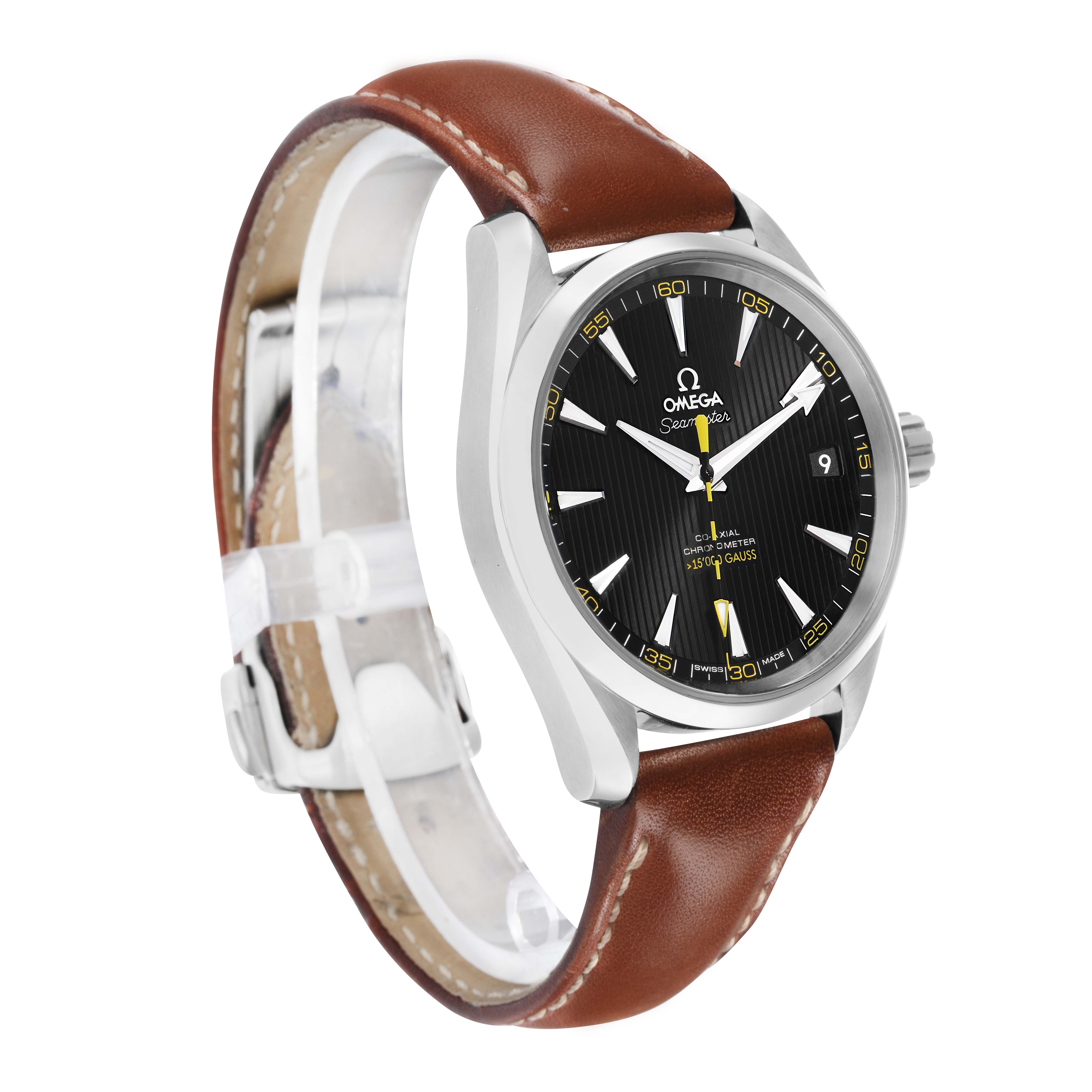 The Omega Aqua Terra 231.12.42.21.01.001 Men
s Stainless Steel Black Dial watch is shown at a three-quarter angle, highlighting the face, case, and brown leather strap.