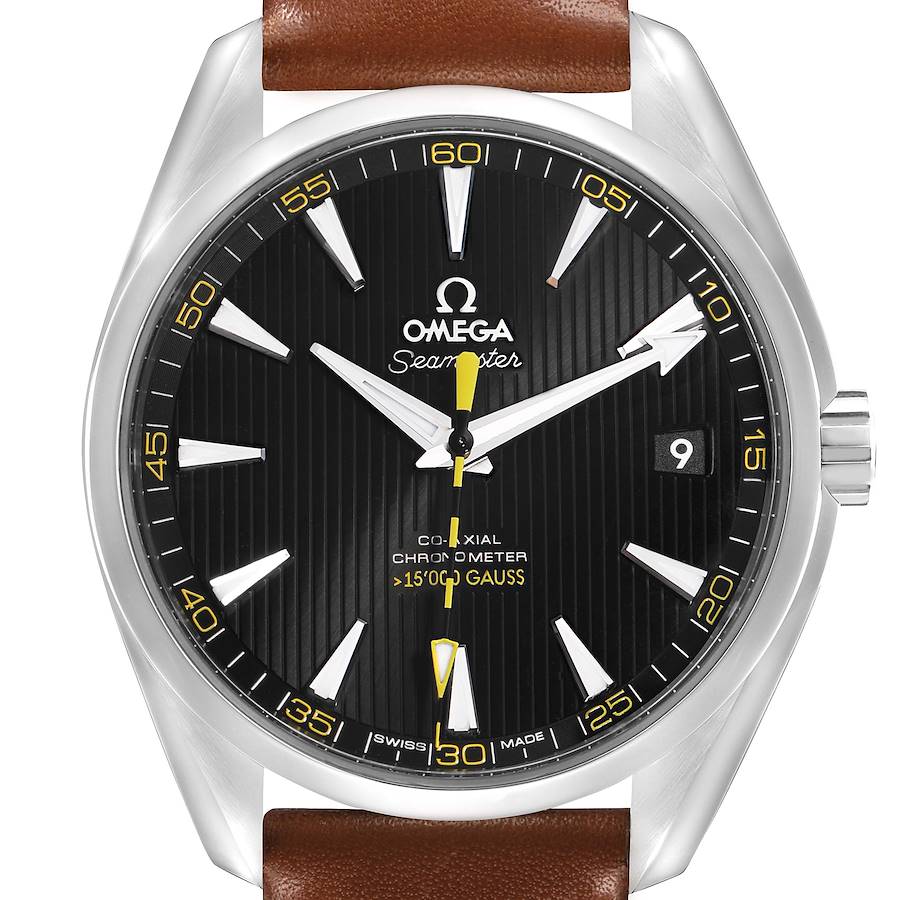 The Omega Aqua Terra 231.12.42.21.01.001 Men
s Stainless Steel Black Dial watch is shown from the front, highlighting the face, bezel, crown, and part of the strap.