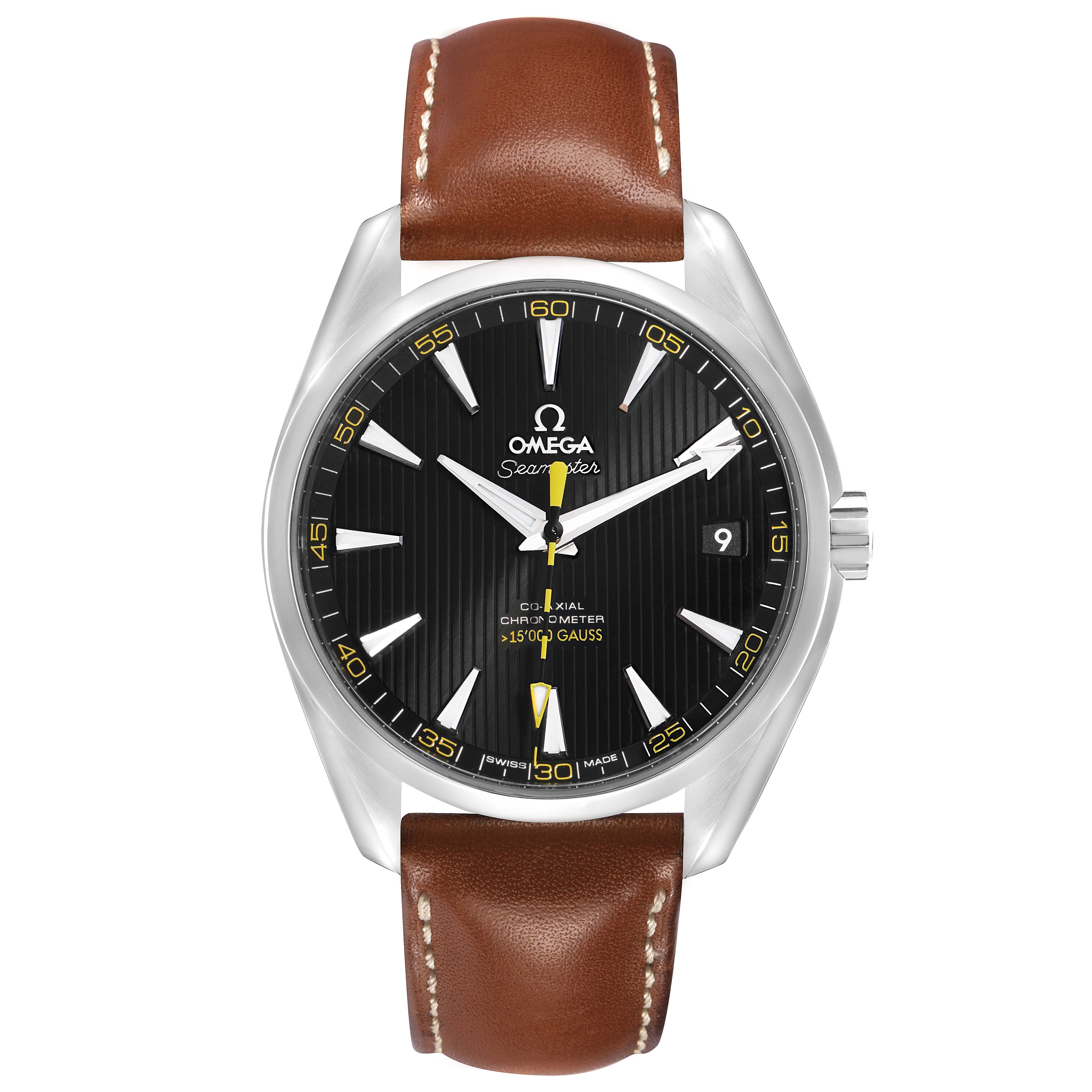 The Omega Aqua Terra 231.12.42.21.01.001 Men
s Stainless Steel Black Dial watch is shown from the front, highlighting the black dial, hands, date window, and brown strap.