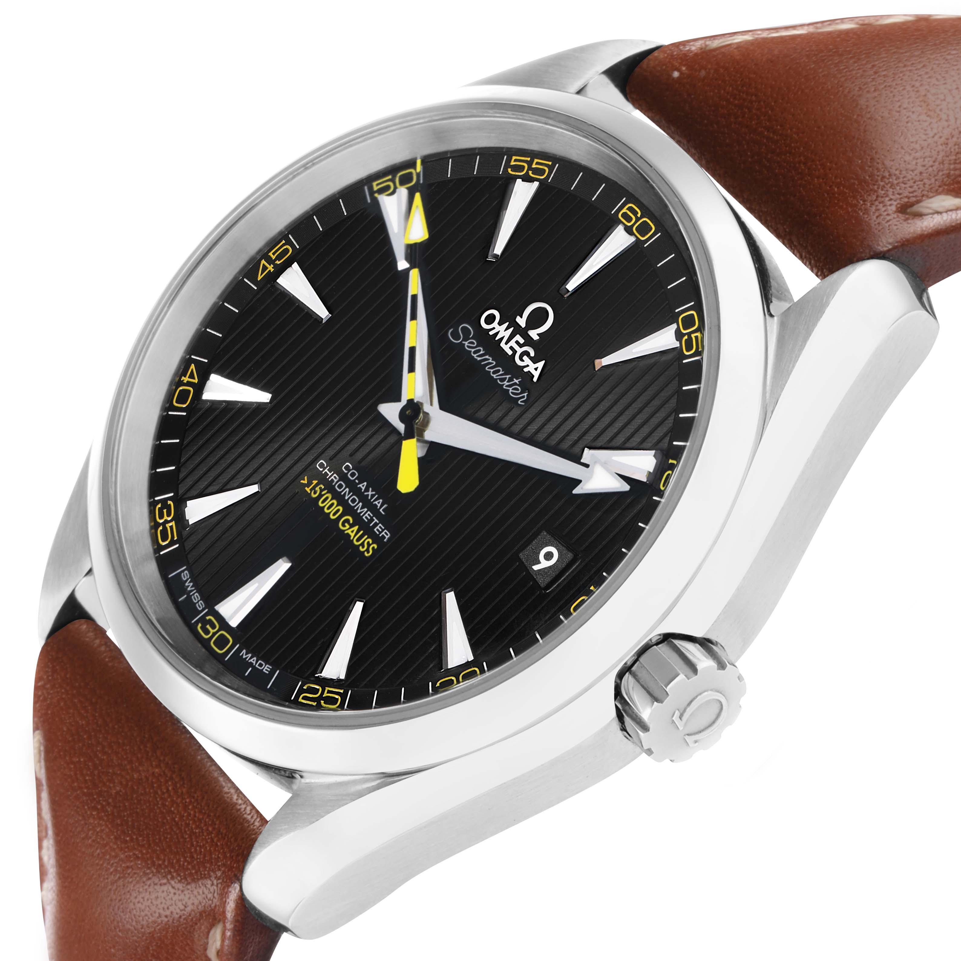 The Omega Aqua Terra 231.12.42.21.01.001 Men
s Stainless Steel Black Dial watch is shown at a side angle, highlighting the case, crown, dial, and brown strap.