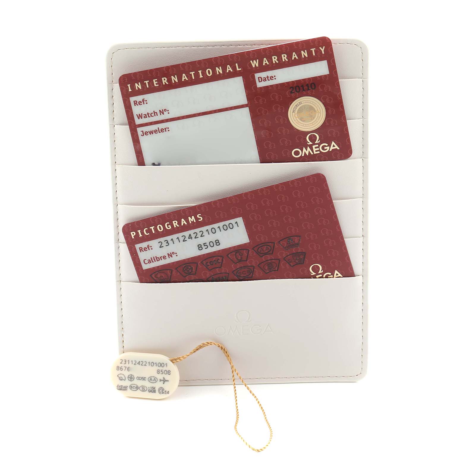 The image shows Omega Aqua Terra 231.12.42.21.01.001 Men
s Stainless Steel Black Dial warranty cards and a tag, placed in a white folder.