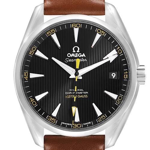 The Omega Aqua Terra 231.12.42.21.01.001 Men's Stainless Steel Black Dial watch is shown from the front, displaying the dial, hands, markers, and part of the leather strap.