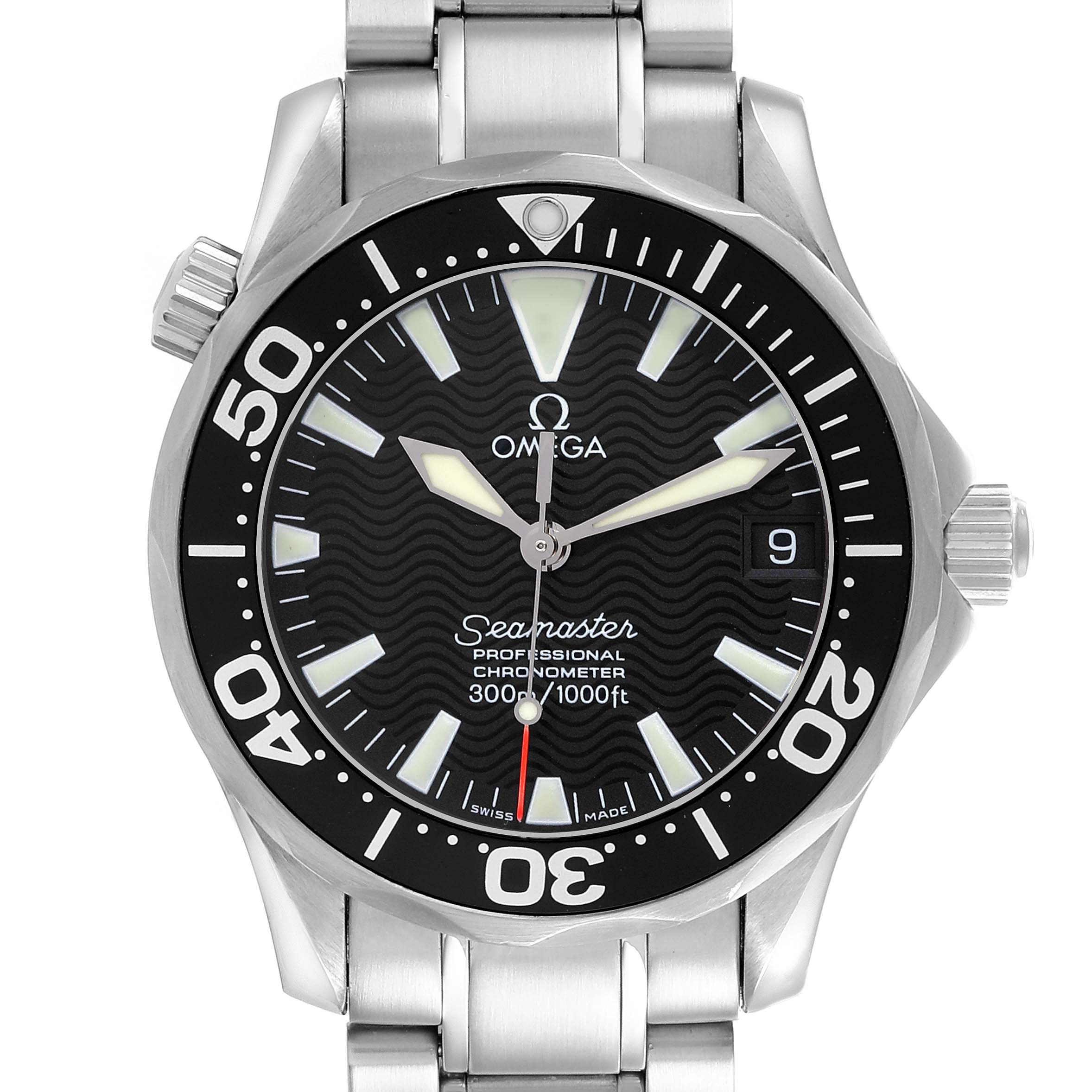 The Omega Seamaster 2252.50.00 Men
s Stainless Steel Black Dial 2252.50.00 Men
s Stainless Steel Black Dial watch is shown from the front, displaying its black dial, bezel, and part of the bracelet.