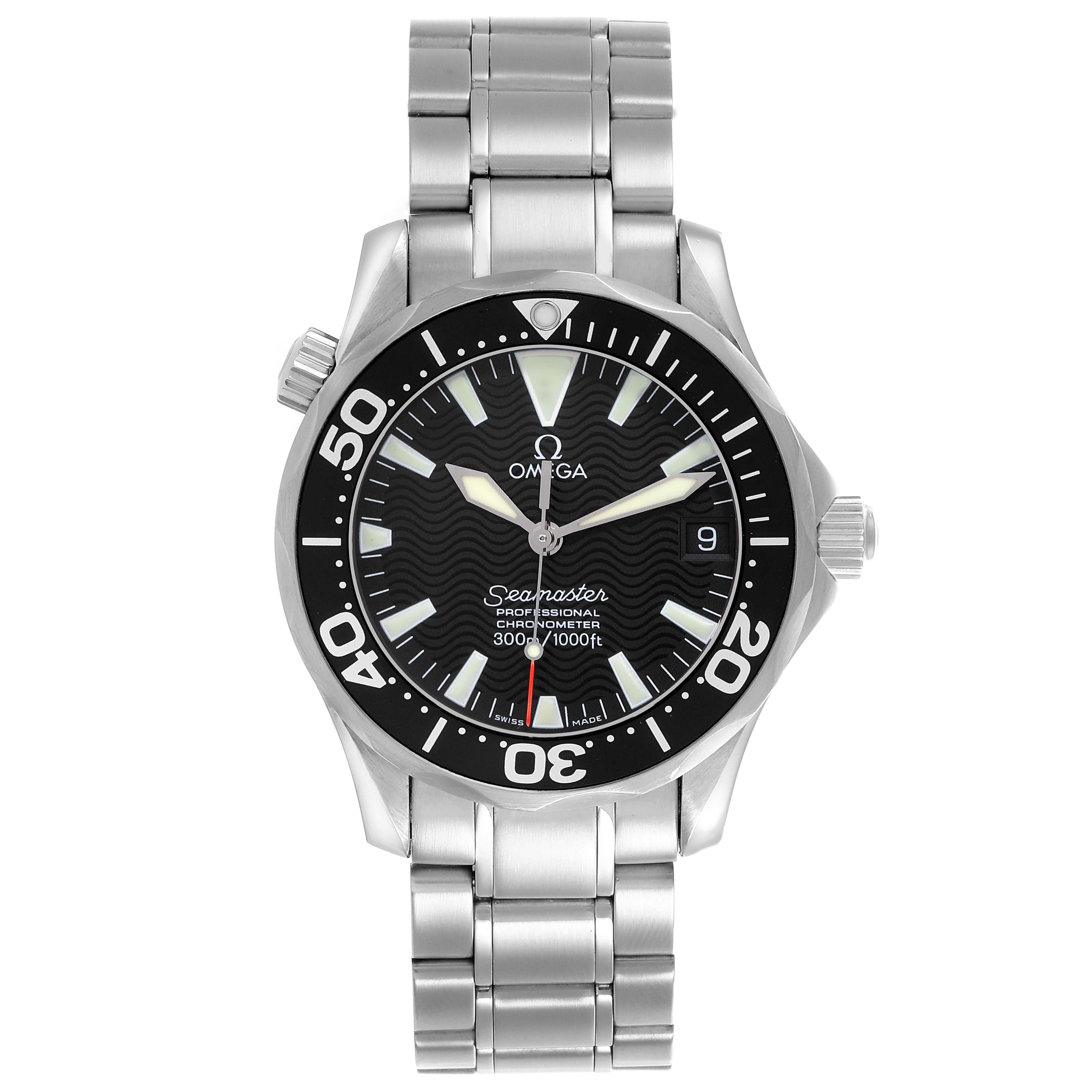 The Omega Seamaster 2252.50.00 Men
s Stainless Steel Black Dial 2252.50.00 Men
s Stainless Steel Black Dial watch is shown from the front, displaying the face, bezel, crown, and metal bracelet.