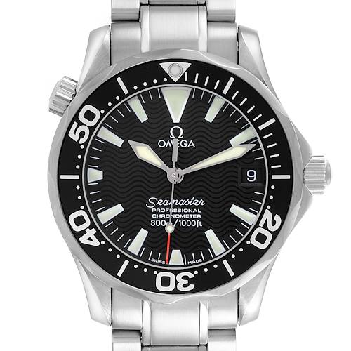 The Omega Seamaster watch is shown from the front, displaying its dial, bezel, and stainless steel bracelet.