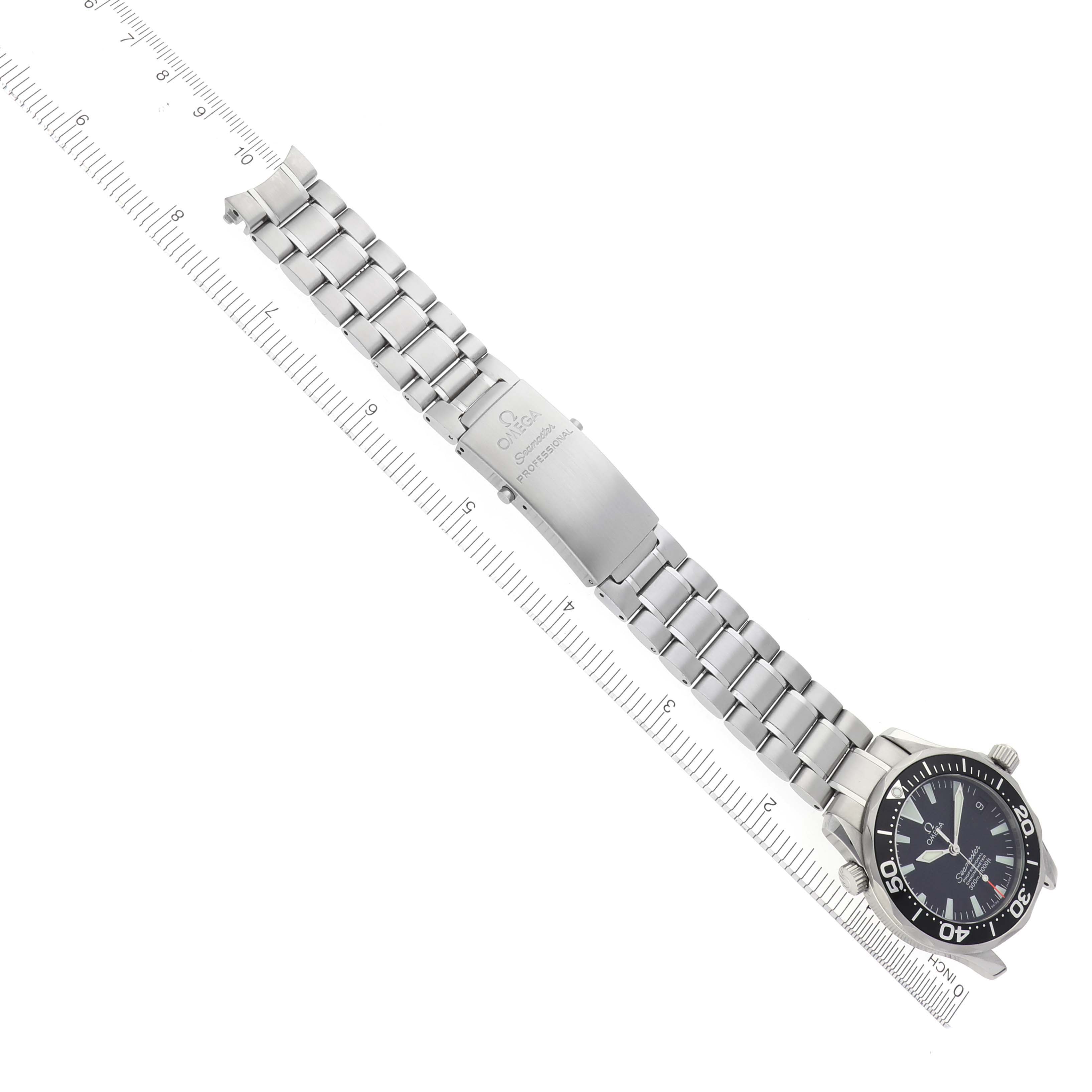 The Omega Seamaster 2252.50.00 Men
s Stainless Steel Black Dial 2252.50.00 Men
s Stainless Steel Black Dial watch is shown from an overhead angle, displaying the face, bezel, and metal bracelet with its clasp.