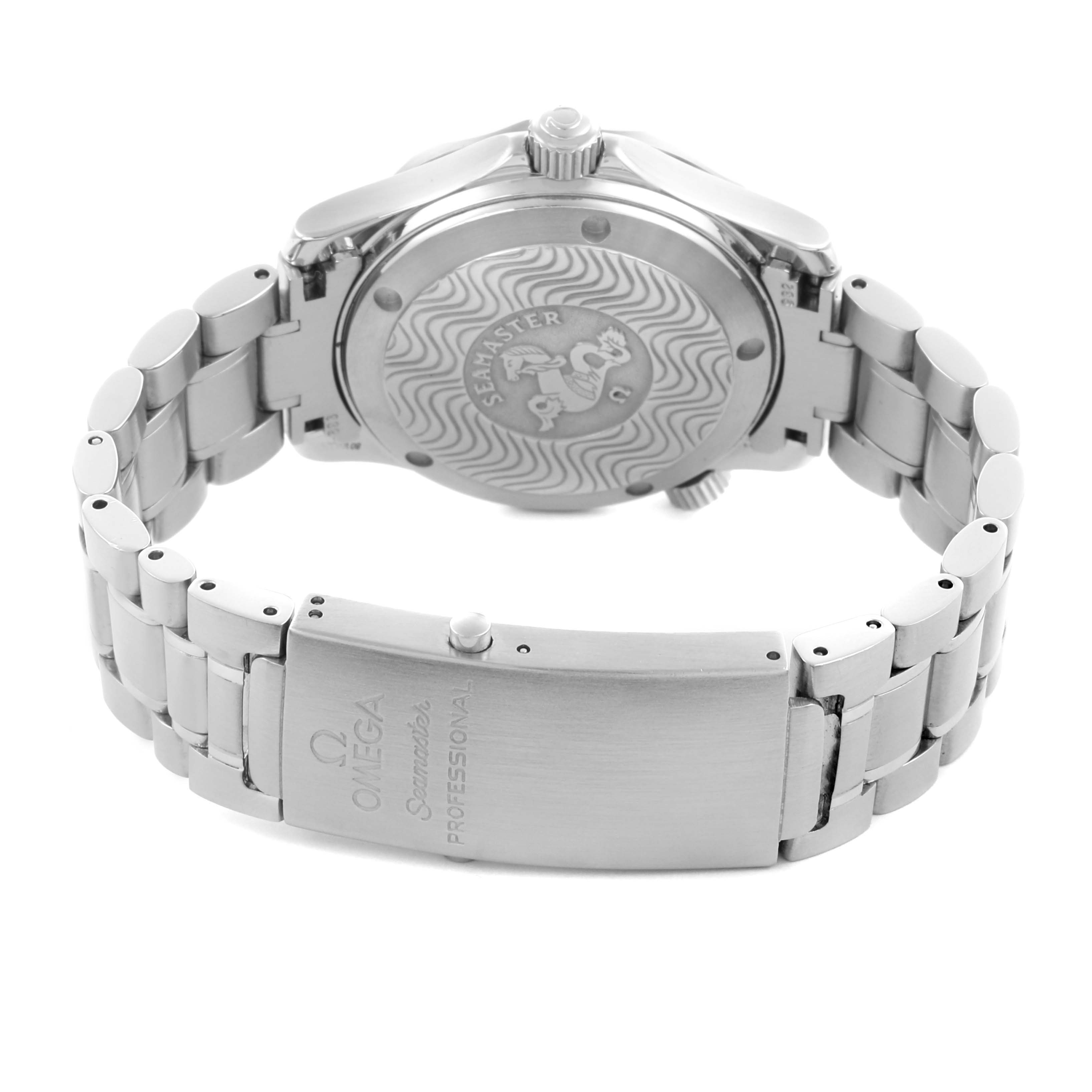 The Omega Seamaster 2252.50.00 Men
s Stainless Steel Black Dial 2252.50.00 Men
s Stainless Steel Black Dial watch is shown from the back, highlighting the case back and bracelet clasp.