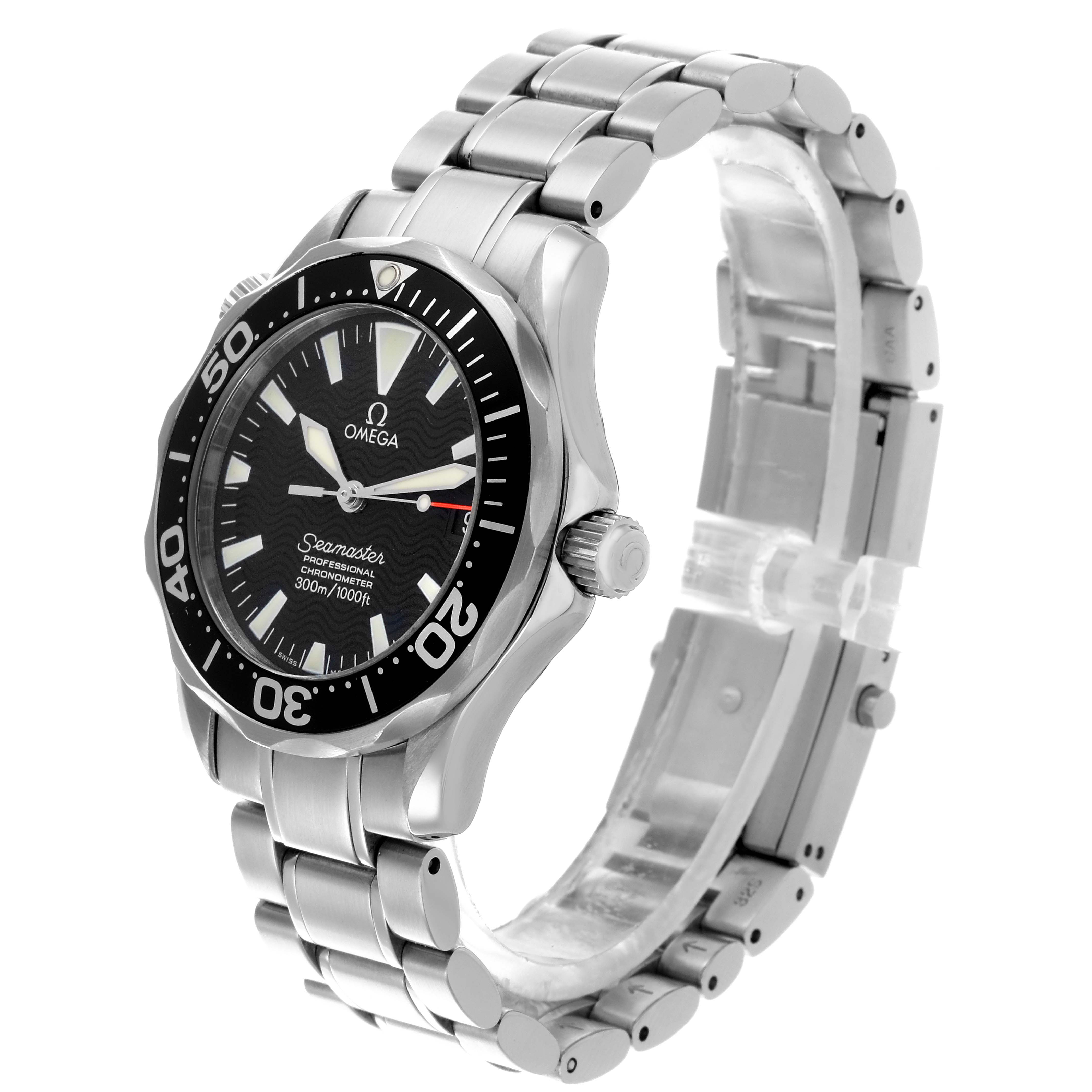 The Omega Seamaster 2252.50.00 Men
s Stainless Steel Black Dial 2252.50.00 Men
s Stainless Steel Black Dial watch is shown at an angled side view, displaying the face, bezel, crown, and bracelet.