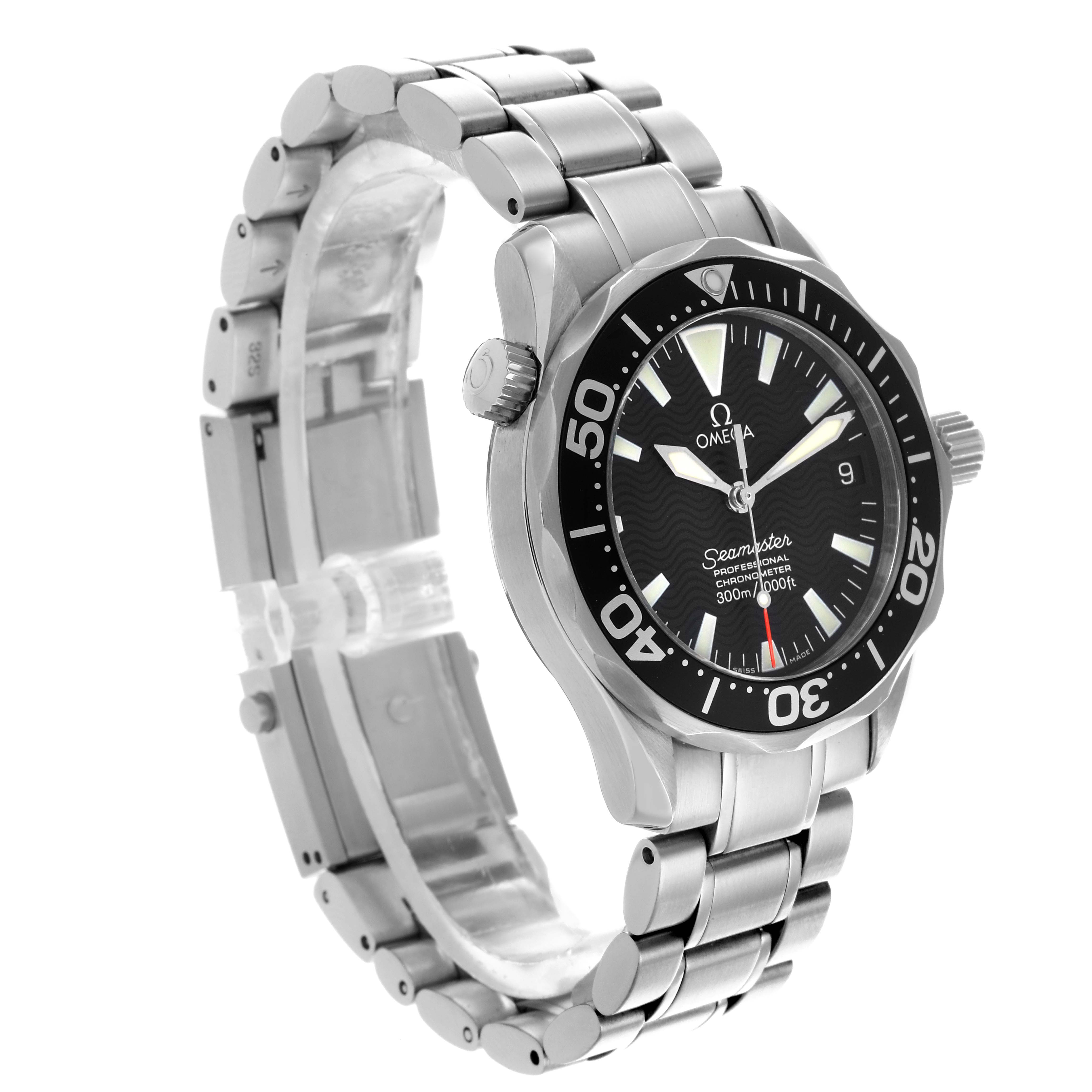 The Omega Seamaster 2252.50.00 Men
s Stainless Steel Black Dial 2252.50.00 Men
s Stainless Steel Black Dial watch is shown at a three-quarter angle, displaying the face, bezel, crown, and stainless steel bracelet.