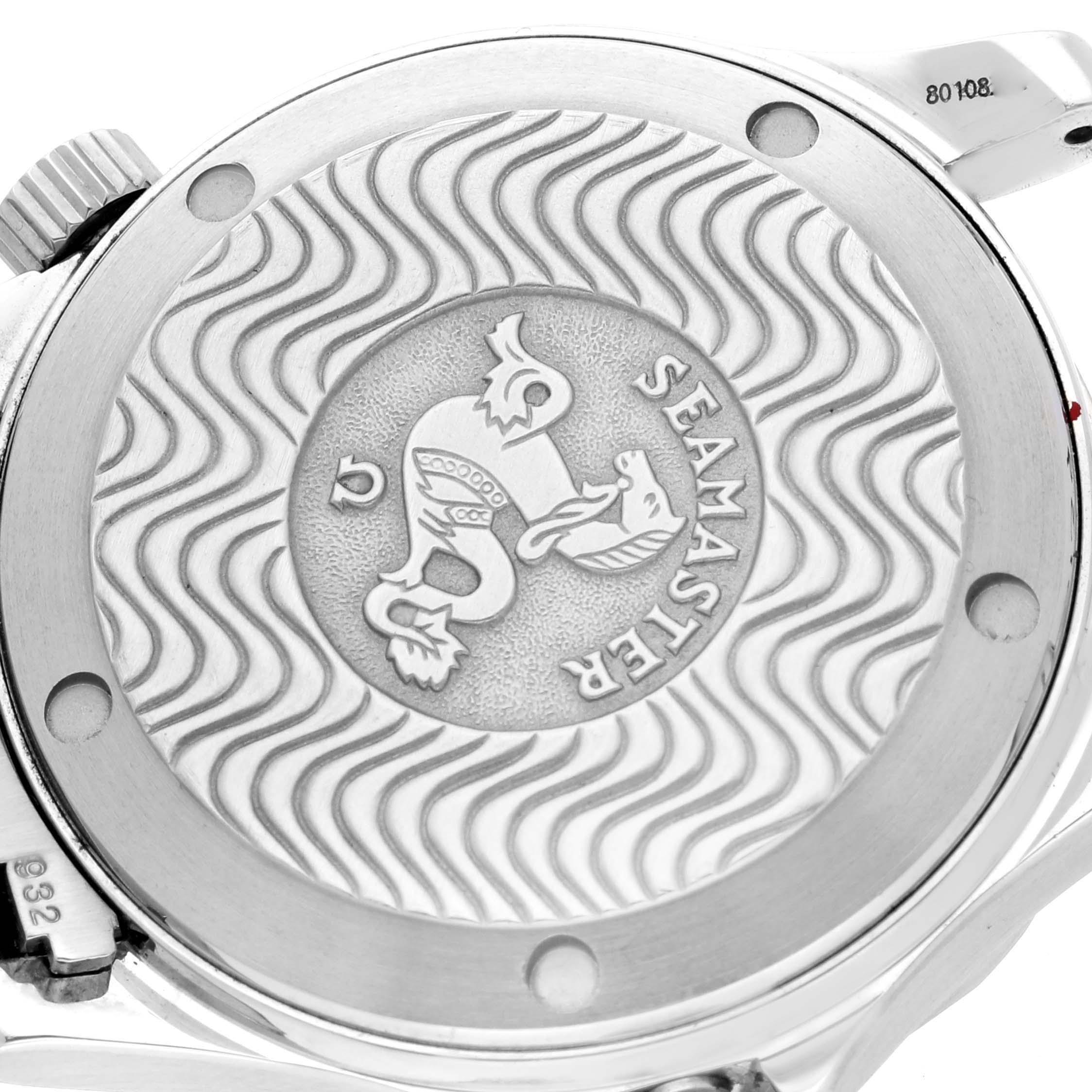 The image shows the back case of an Omega Seamaster 2252.50.00 Men
s Stainless Steel Black Dial 2252.50.00 Men
s Stainless Steel Black Dial watch, featuring the engraved logo and wave pattern.