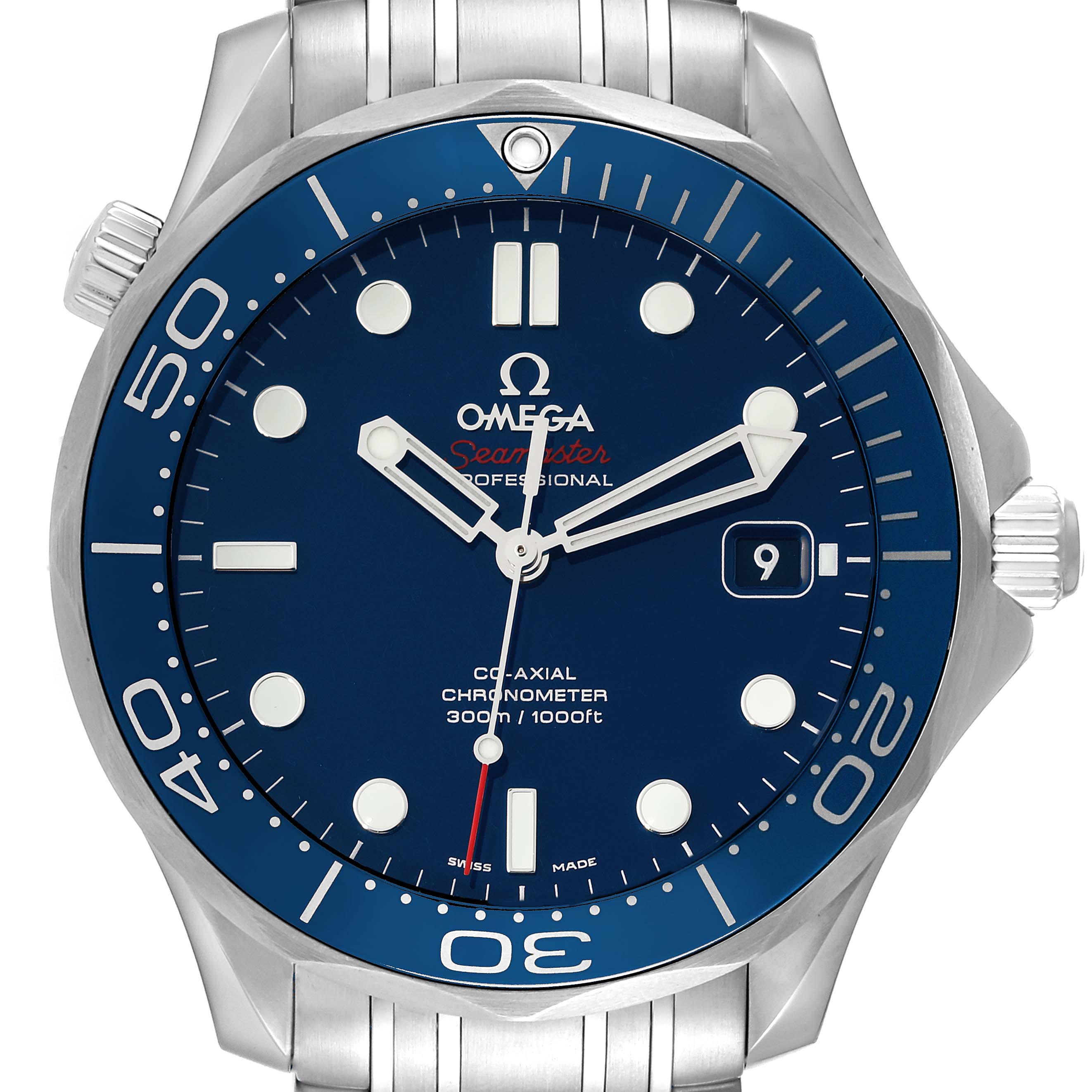 This is a head-on view of an Omega Seamaster 212.30.41.20.03.001 Men
s Stainless Steel Blue Dial 212.30.41.20.03.001 Men
s Stainless Steel Blue Dial watch, showing the dial, bezel, and part of the bracelet.