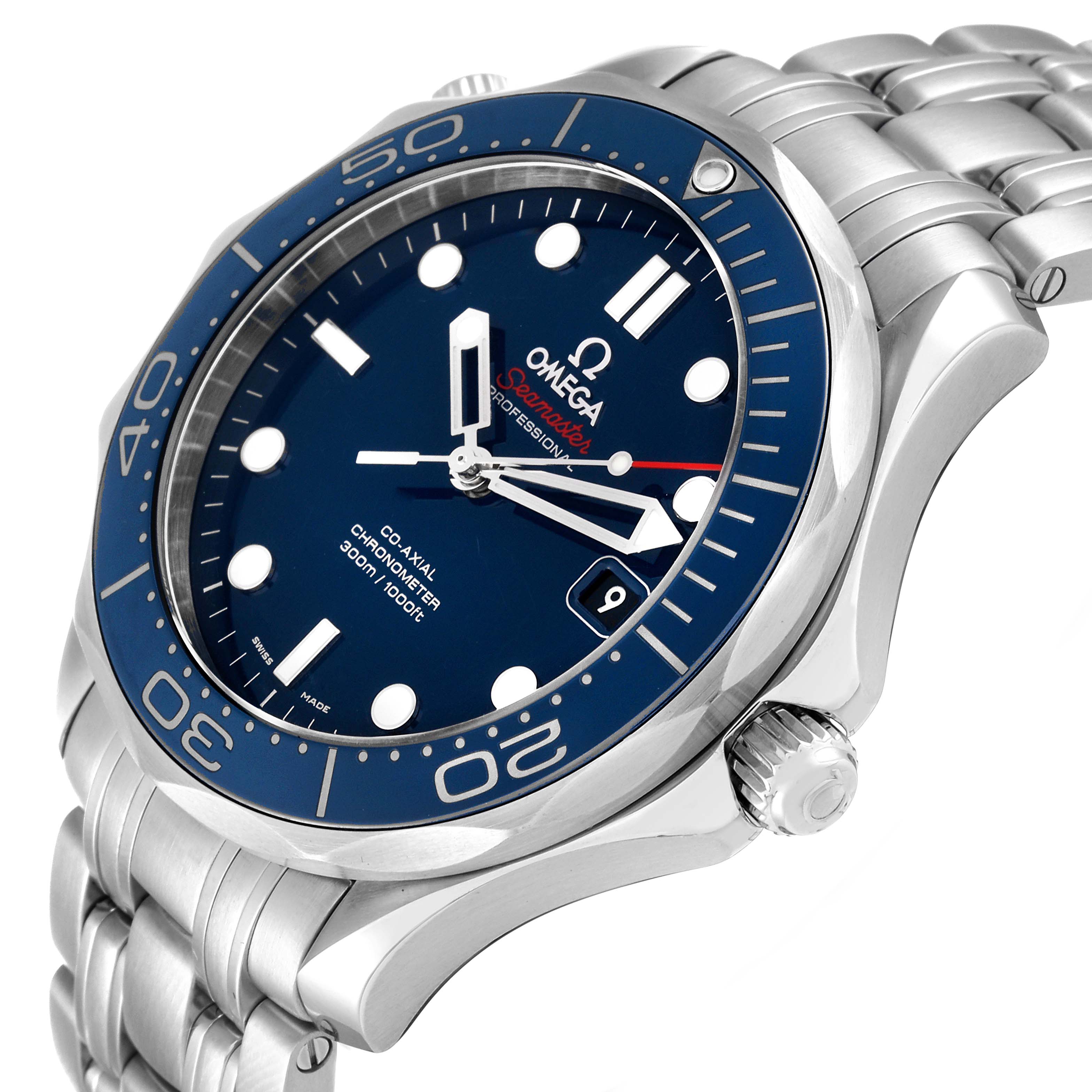 This image shows an Omega Seamaster 212.30.41.20.03.001 Men
s Stainless Steel Blue Dial 212.30.41.20.03.001 Men
s Stainless Steel Blue Dial watch at an angled view, highlighting the dial, bezel, and bracelet.