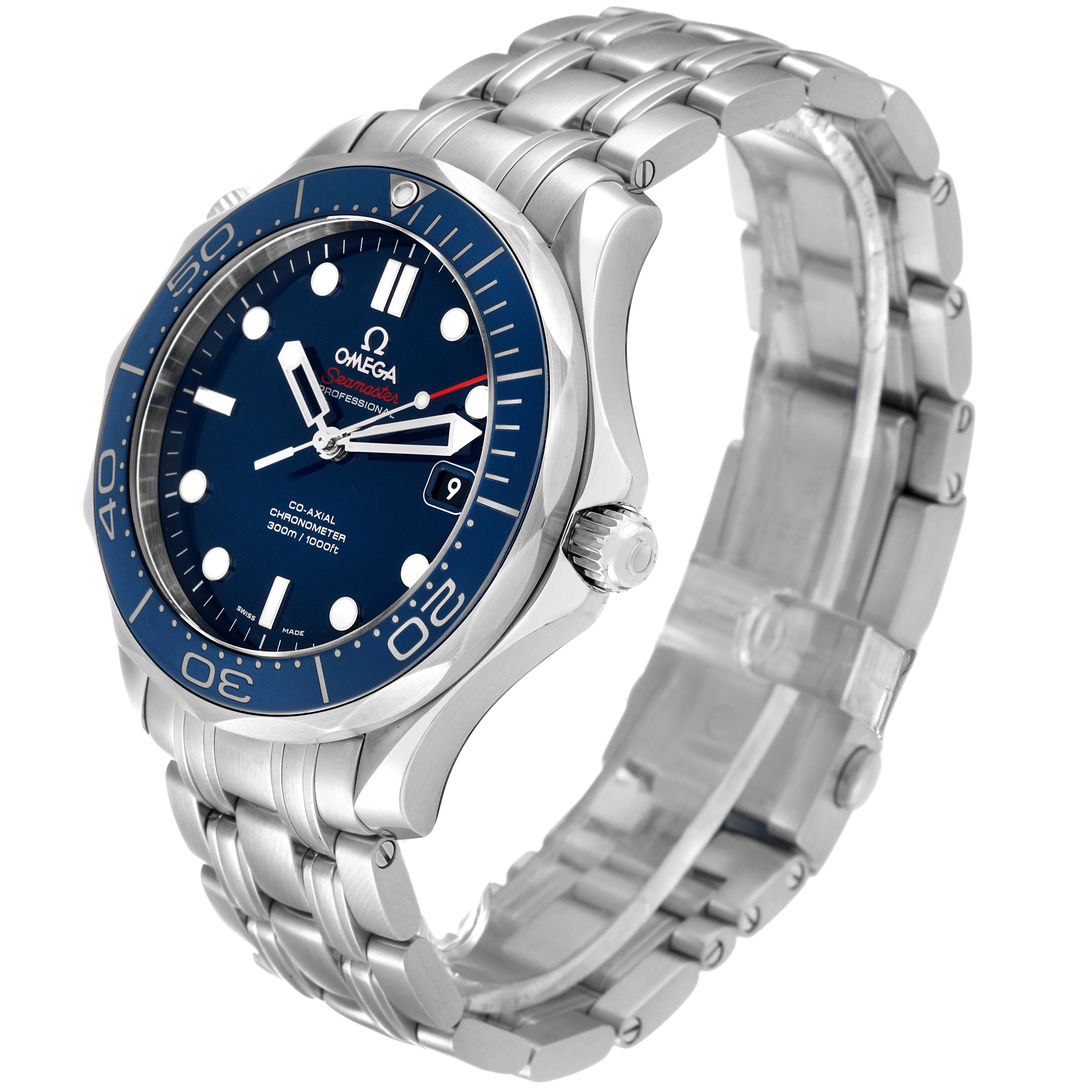 This image shows a side angle of the Omega Seamaster 212.30.41.20.03.001 Men
s Stainless Steel Blue Dial 212.30.41.20.03.001 Men
s Stainless Steel Blue Dial watch, highlighting the dial, bezel, crown, and metal bracelet.