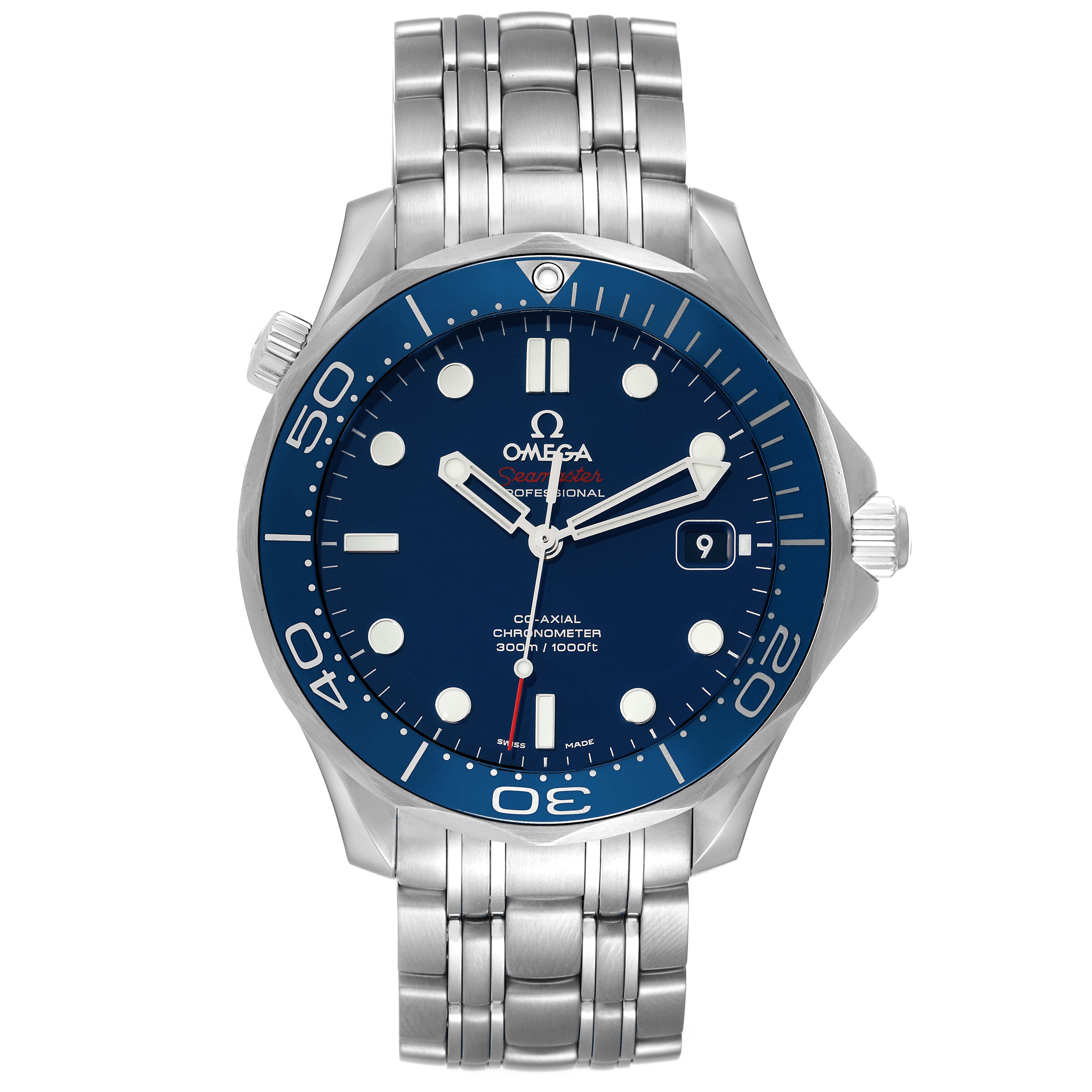 The image shows a front view of an Omega Seamaster 212.30.41.20.03.001 Men
s Stainless Steel Blue Dial 212.30.41.20.03.001 Men
s Stainless Steel Blue Dial watch, displaying the entire face and bracelet.