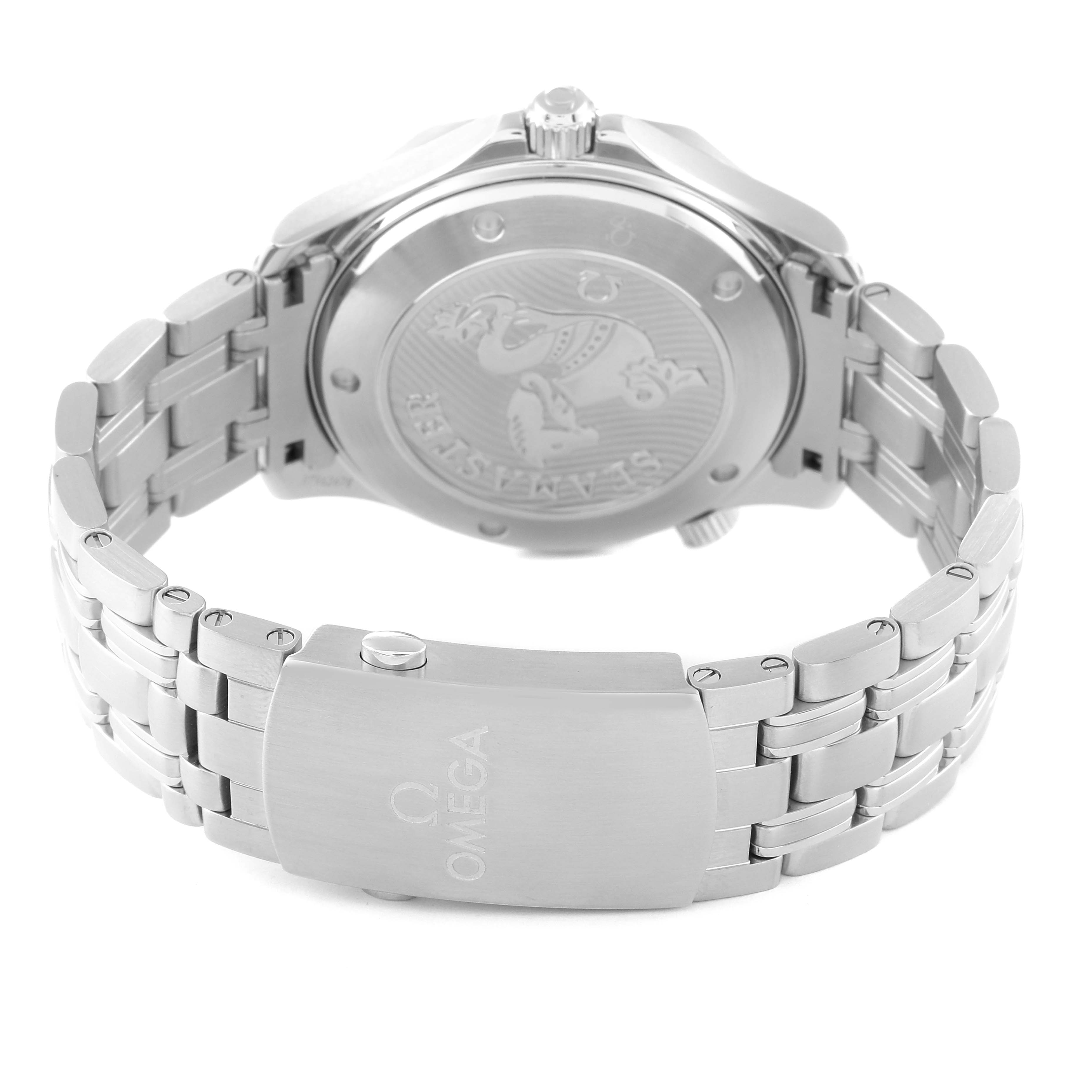 The image shows the Omega Seamaster 212.30.41.20.03.001 Men
s Stainless Steel Blue Dial 212.30.41.20.03.001 Men
s Stainless Steel Blue Dial watch from the rear, highlighting its case back and metal bracelet with the Omega logo on the clasp.