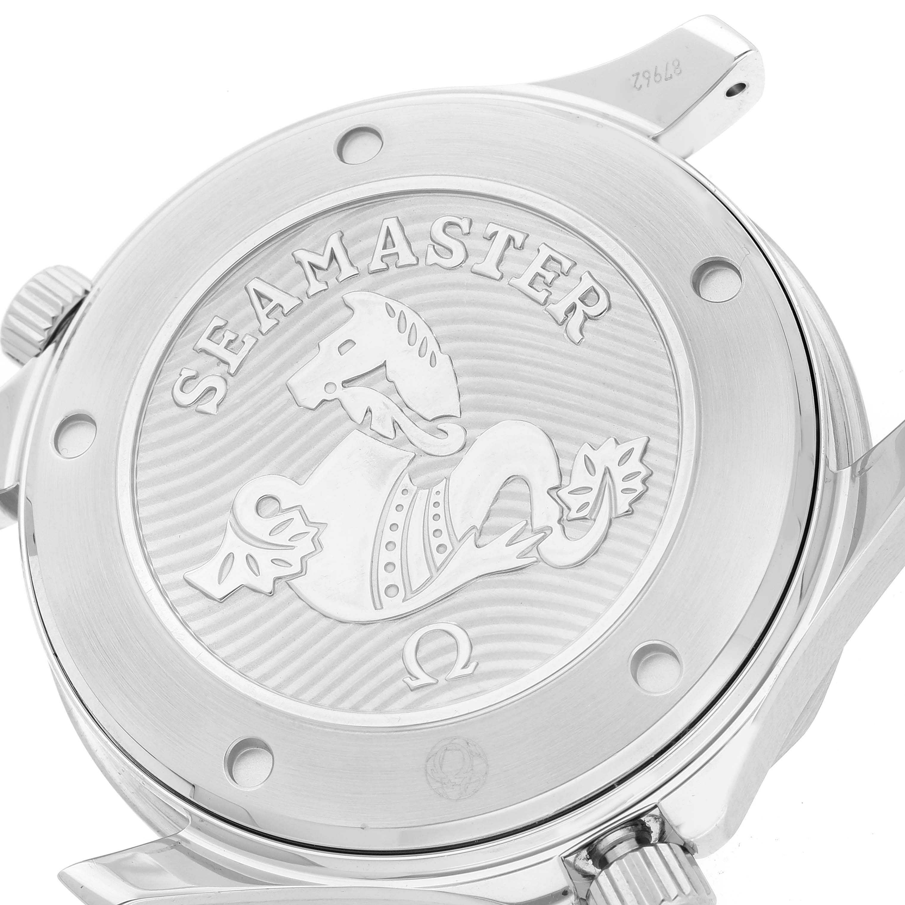 The image shows the back case of an Omega Seamaster 212.30.41.20.03.001 Men
s Stainless Steel Blue Dial 212.30.41.20.03.001 Men
s Stainless Steel Blue Dial watch, highlighting its engraved design and branding.