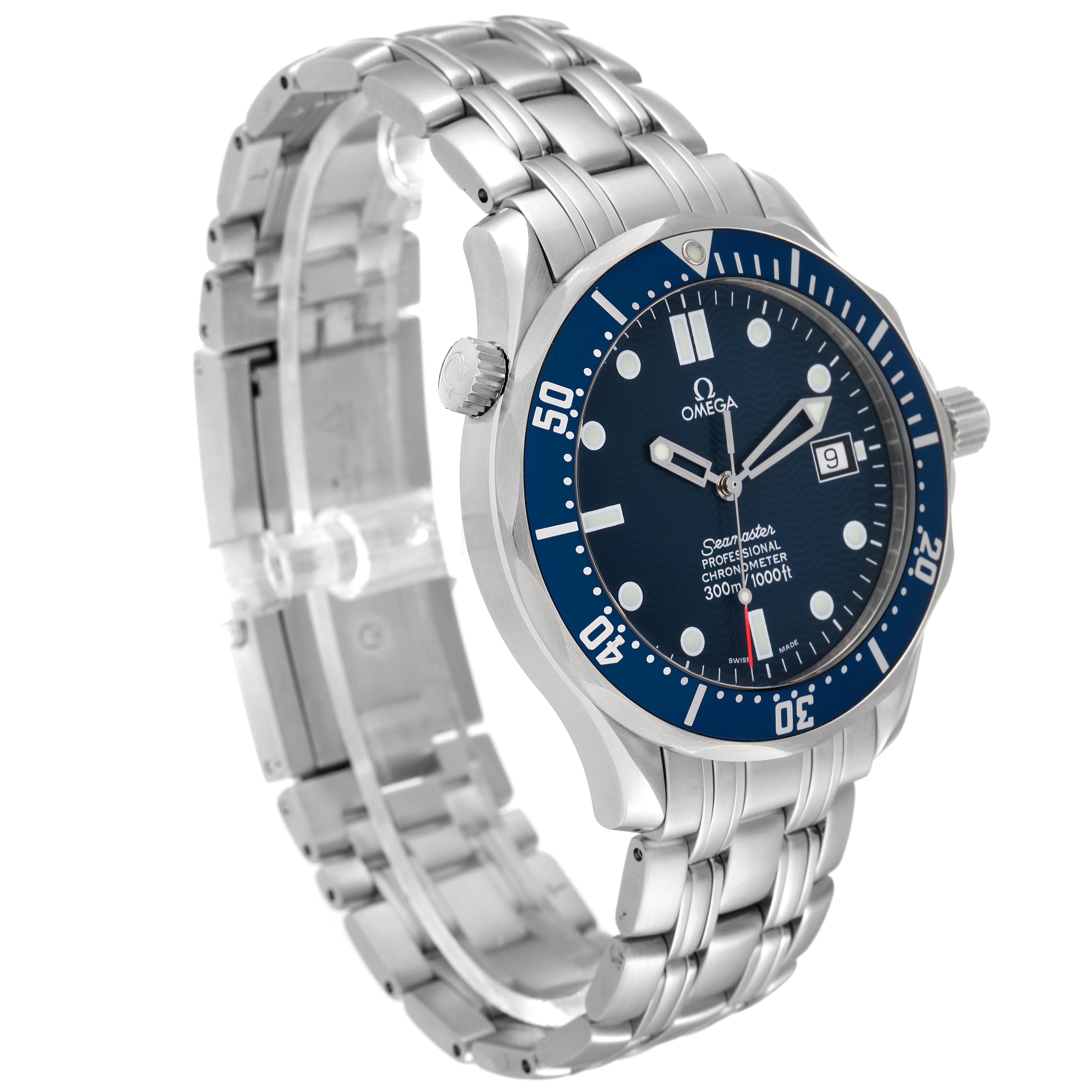 This image shows an angled view of the Omega Seamaster 2531.80.00 Men's Stainless Steel Blue Dial 2531.80.00 Men's Stainless Steel Blue Dial watch, featuring its face, bezel, and stainless steel bracelet.