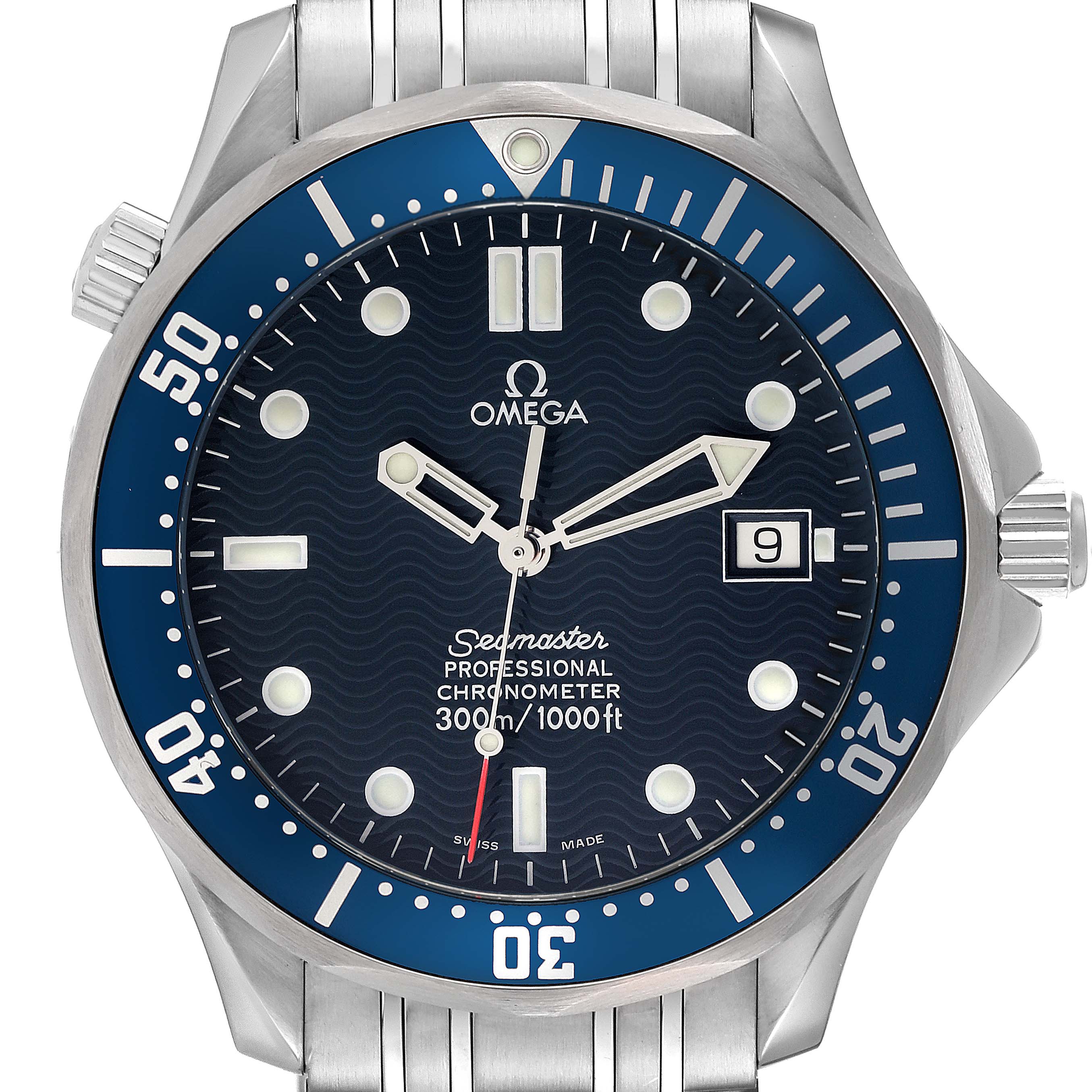 This image shows a front view of an Omega Seamaster 2531.80.00 Men's Stainless Steel Blue Dial 2531.80.00 Men's Stainless Steel Blue Dial watch, displaying the dial, hands, bezel, crown, and part of the bracelet.