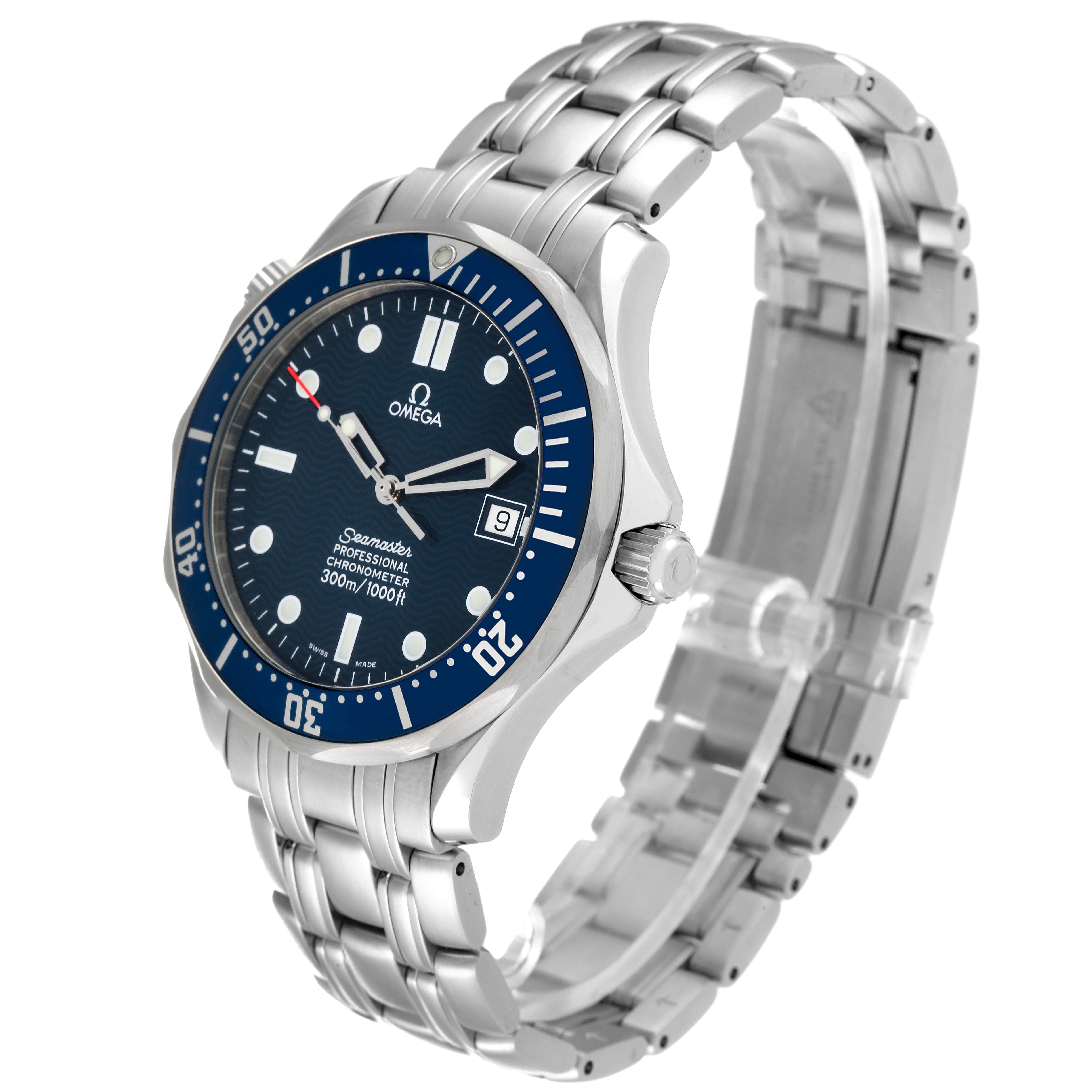 The Omega Seamaster 2531.80.00 Men's Stainless Steel Blue Dial 2531.80.00 Men's Stainless Steel Blue Dial watch is displayed at a slight angle, showcasing the dial, bezel, crown, and stainless steel bracelet.