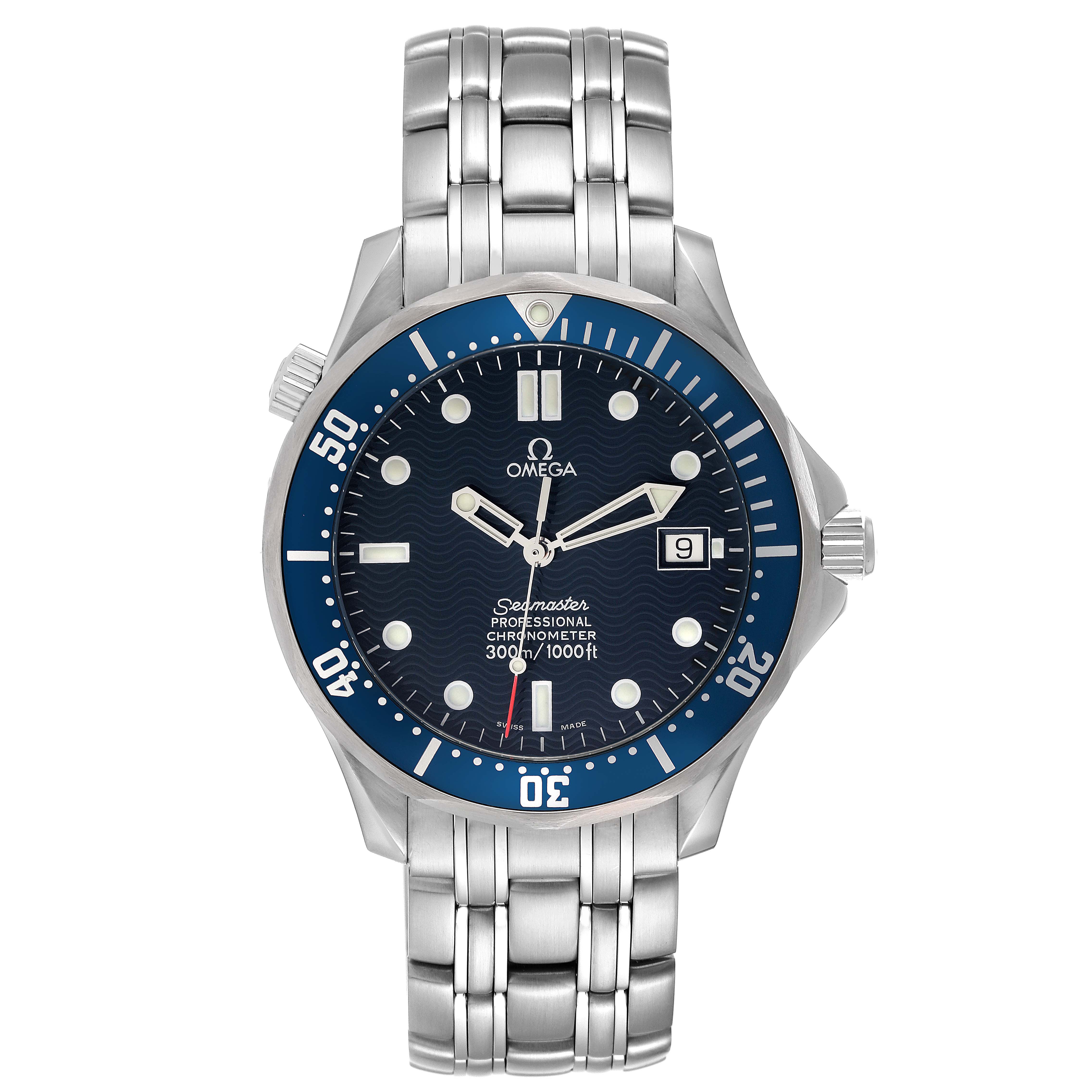 The Omega Seamaster 2531.80.00 Men's Stainless Steel Blue Dial 2531.80.00 Men's Stainless Steel Blue Dial watch is shown from a front angle, highlighting the dial, bezel, crown, and bracelet.